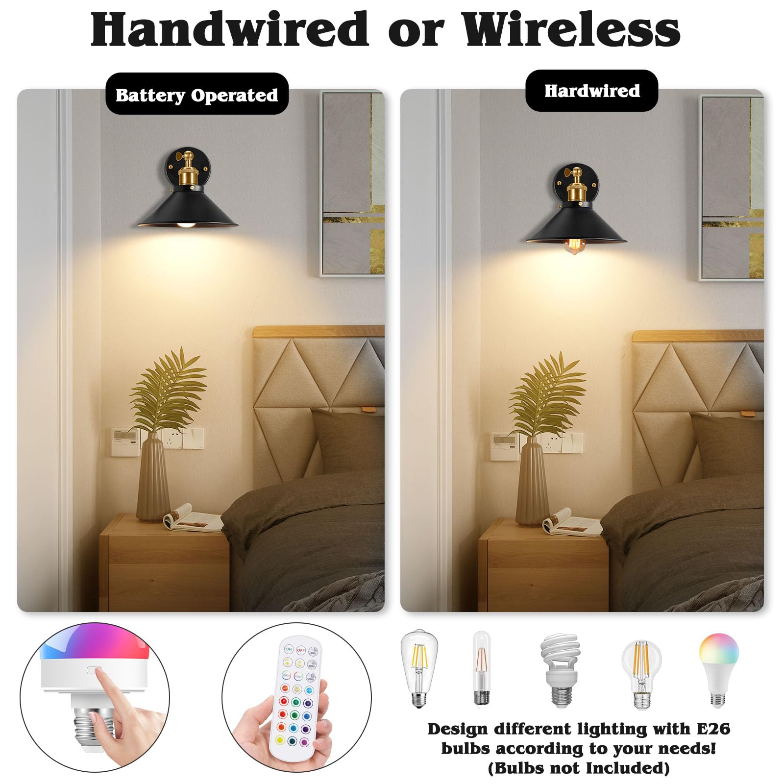 Merlight Battery Operated Wall Sconces Set, Wireless Wall Sconces With Dimmable Remote Control, Usb Charging, Warm White/Natural