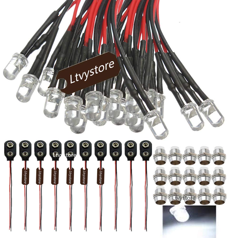 Ltvystore 30Pcs 5Mm 12V White Led Pre Wired Lamp Light Bulb Prewired Emitting Diode & 30Pcs Metal 5Mm Led Clip Holder Panel Moun