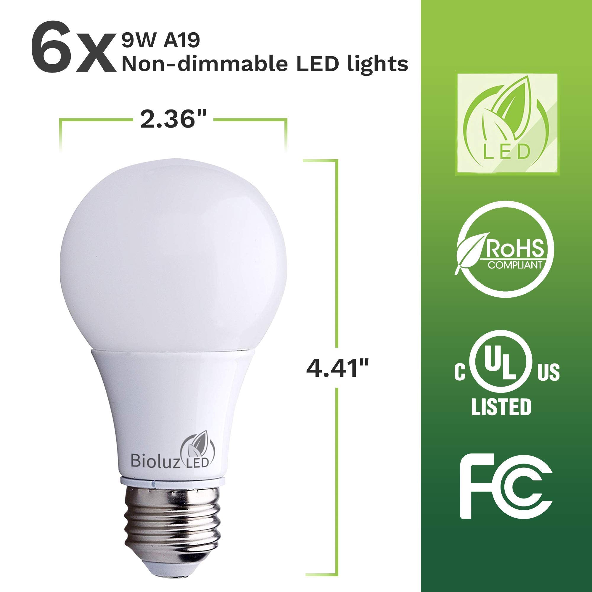 Bioluz Led Lights For Bedroom  Equivalent To 60 Watt Led Bulbs  5000K Daylight  9W Non-Dimmable A19 Led Light Bulbs  Home Decor Led Lightbulb  6 Pack