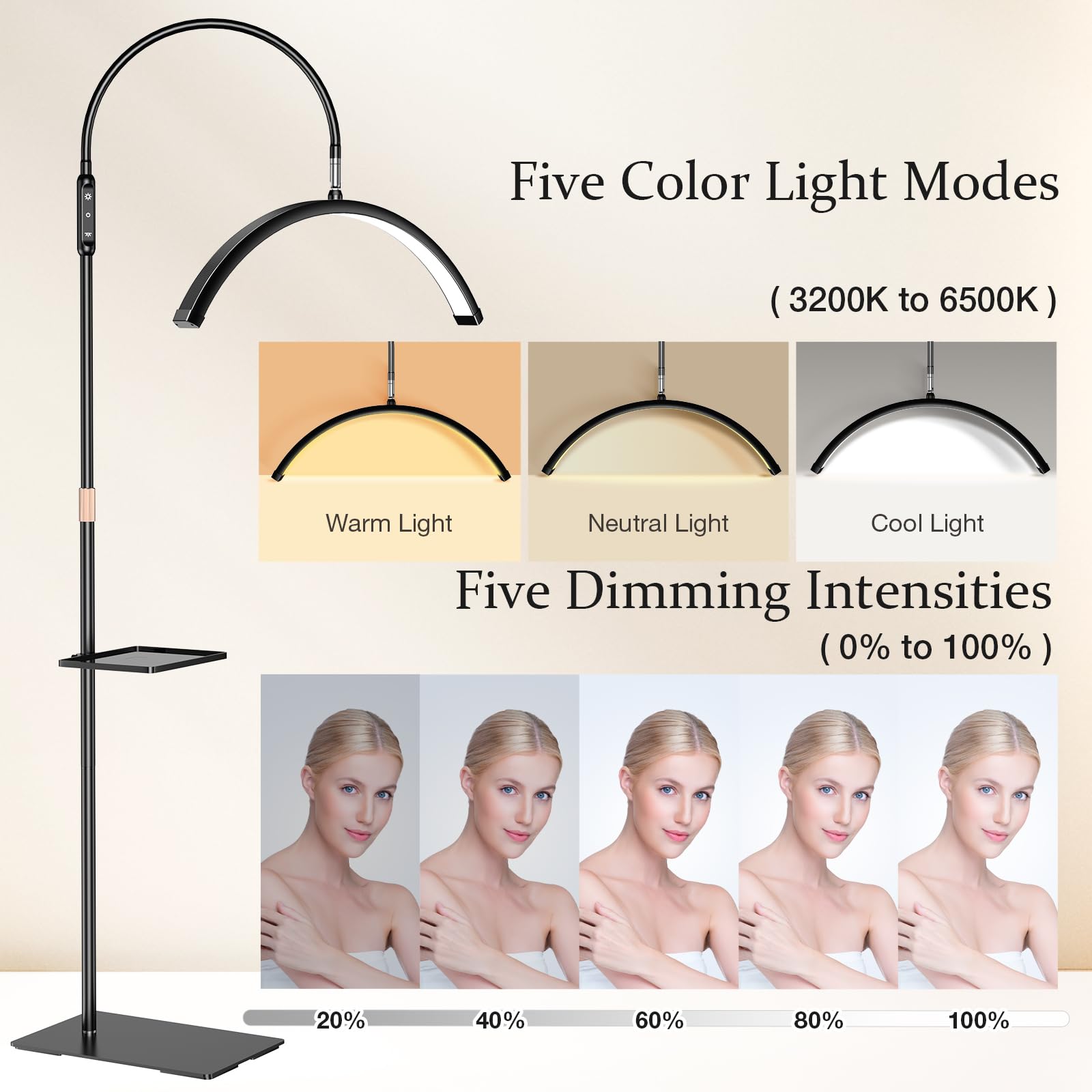Mznoo Lash Light, 30W/3600Lm Bright Half Moon Light For Eyelash Extensions, Nails And Tattoos, 23In Large Led Floor Lamp Adjusta