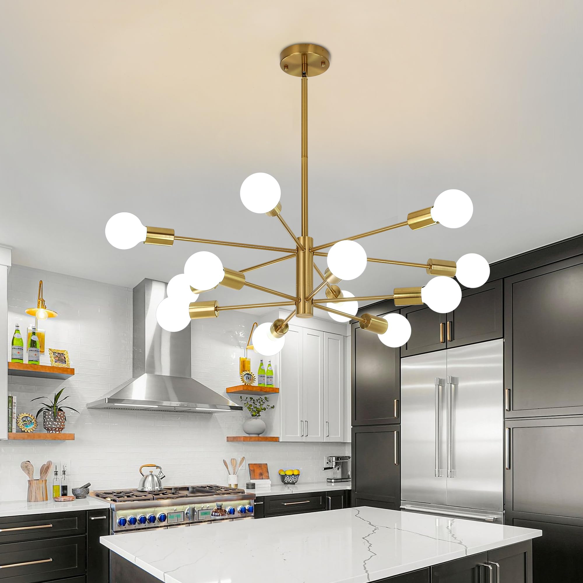 Humhold 12-Light Modern Sputnik Chandelier, Mid Century Gold Ceiling Chandeliers, E26 Base, Branch Height Adjustable Pendant Lighting Fixture For Kitchen Island Dining Room Living Room Bedroom