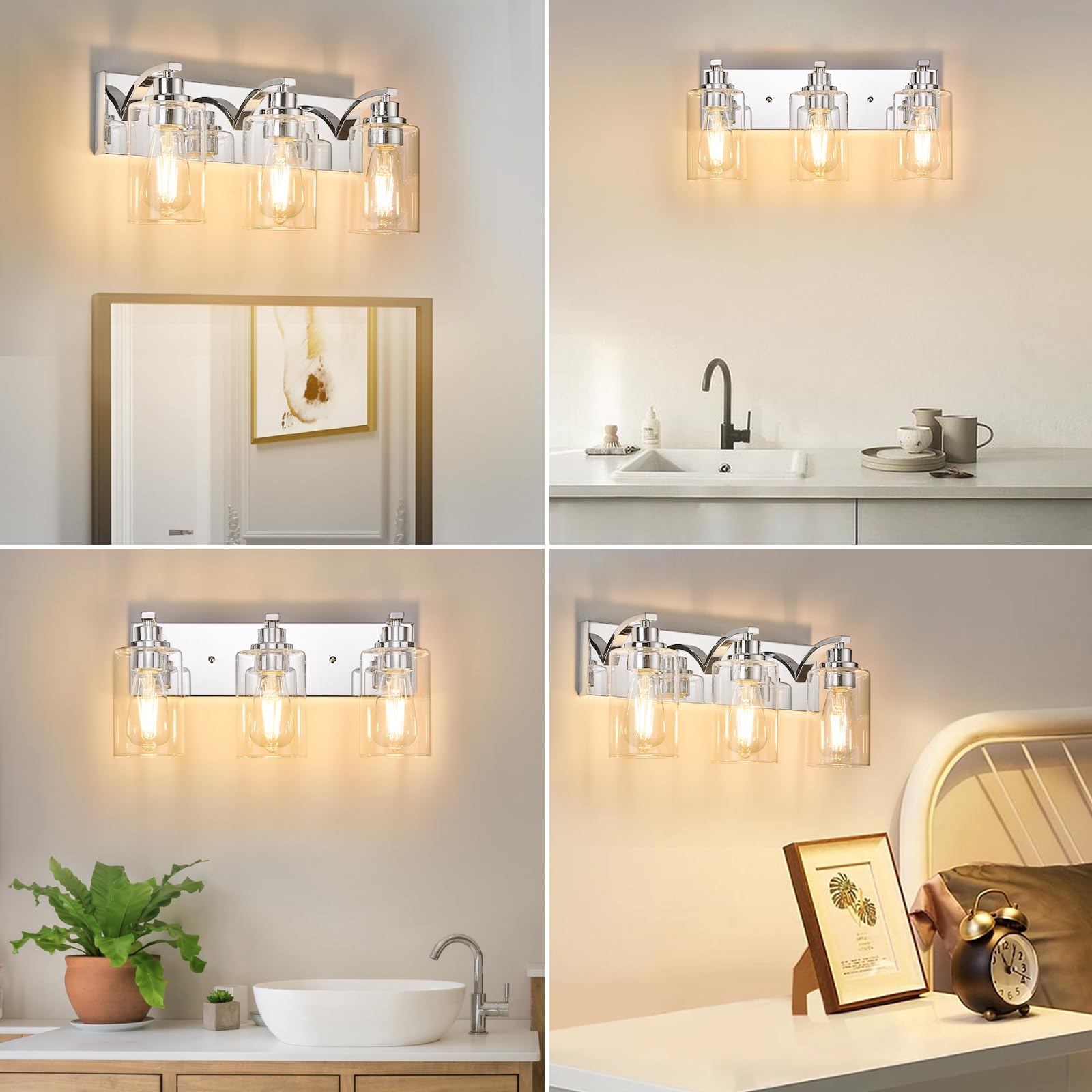 Alaislyc 3-Light Chrome Bathroom Vanity Light Fixture With Clear Glass Shade For Mirror