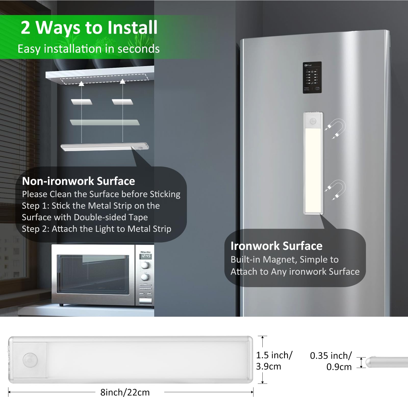YLXS Motion Sensor Under Cabinet Lights, 30 LED, Magnetic, Rechargeable, 8 inch, Neutral White, Model T081, 2-Pack