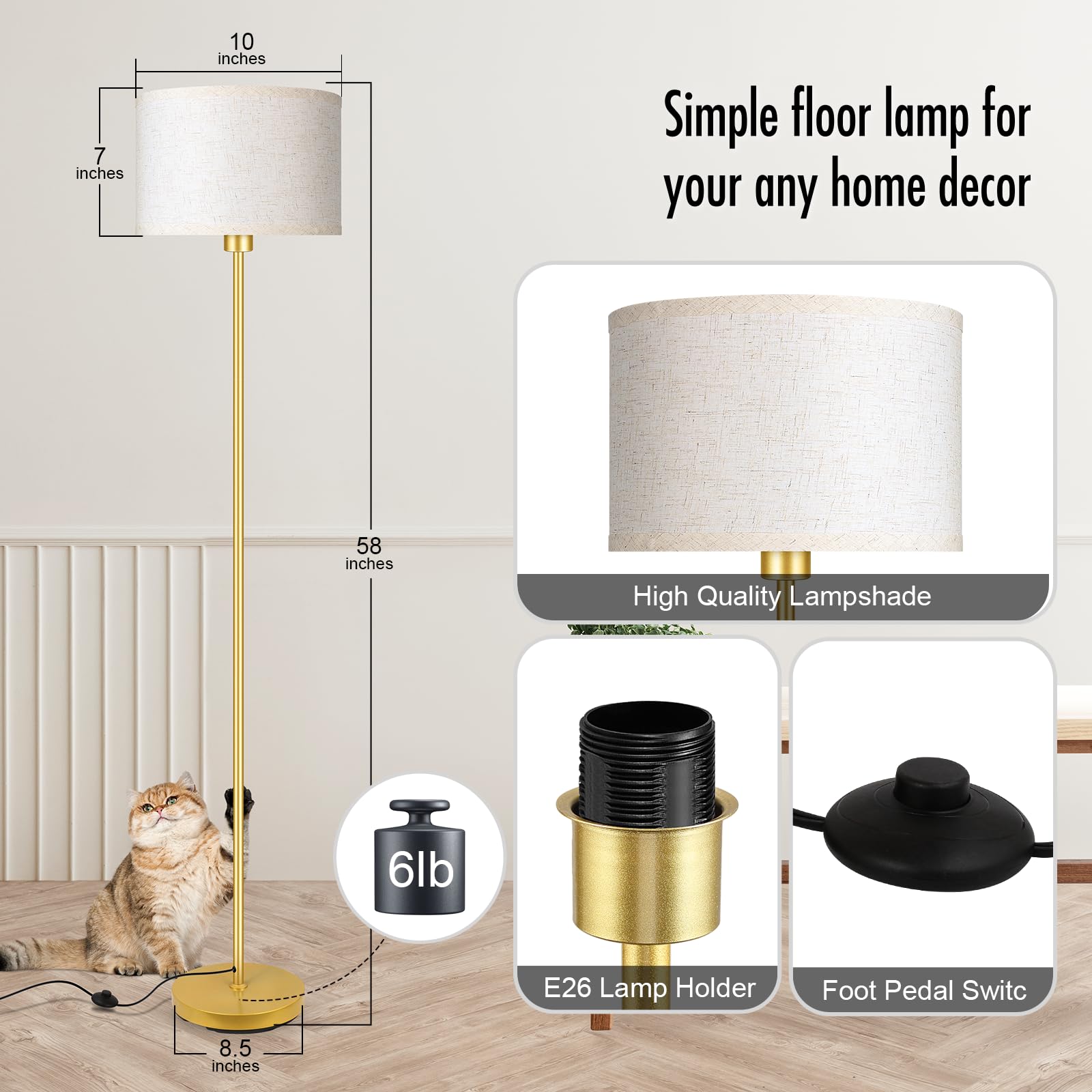 Boostarea Floor Lamp - 15W Led, 3 Dimmable Levels, Gold Metal, On/Off Footswitch, Tall Standing Lamp For Living Room/Bedroom/Office