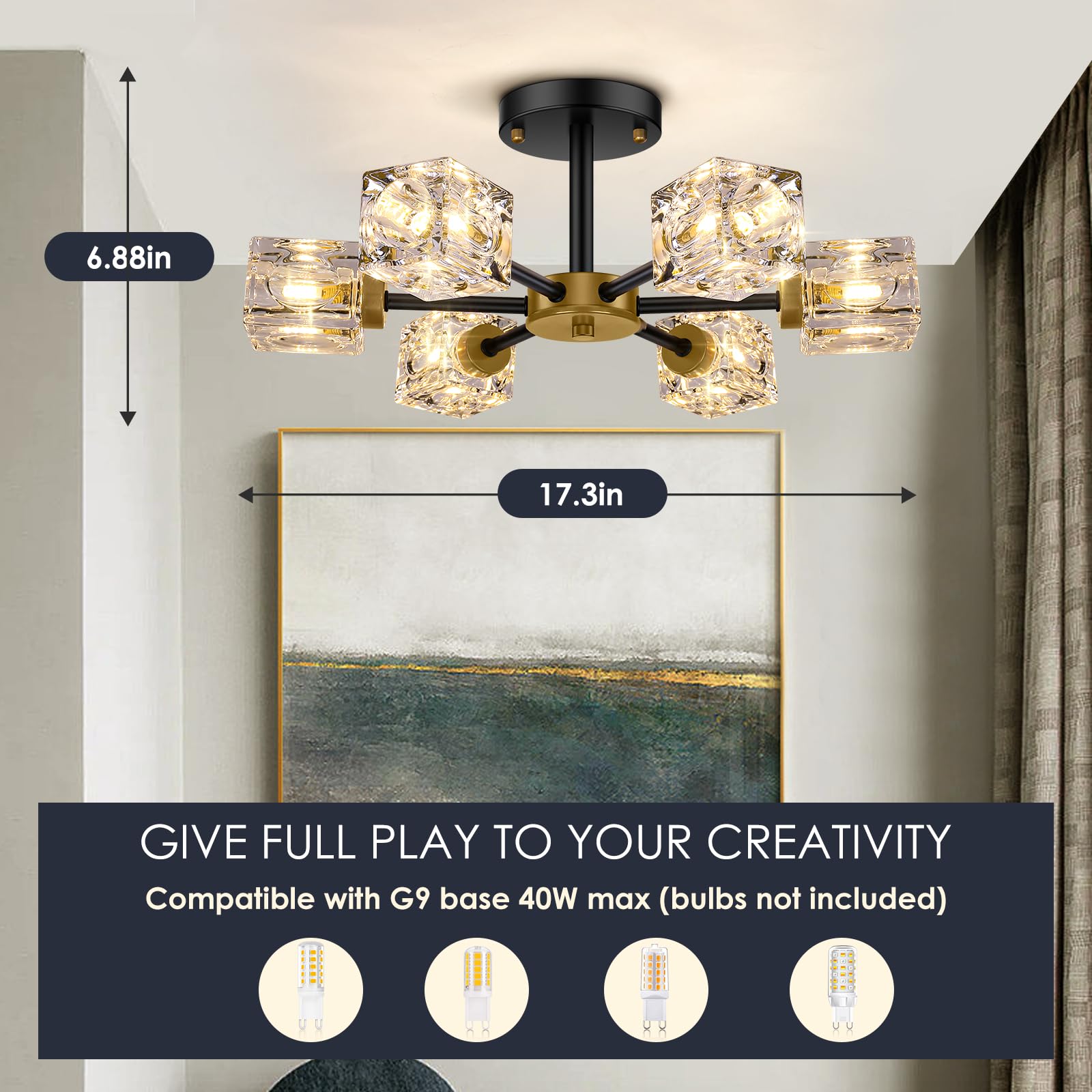 Black Modern Chandelier, 6-Light Crystal Semi Flush Mount Ceiling Light Fixture, 17.3'' Farmhouse Kitchen Pendant Light With Cub
