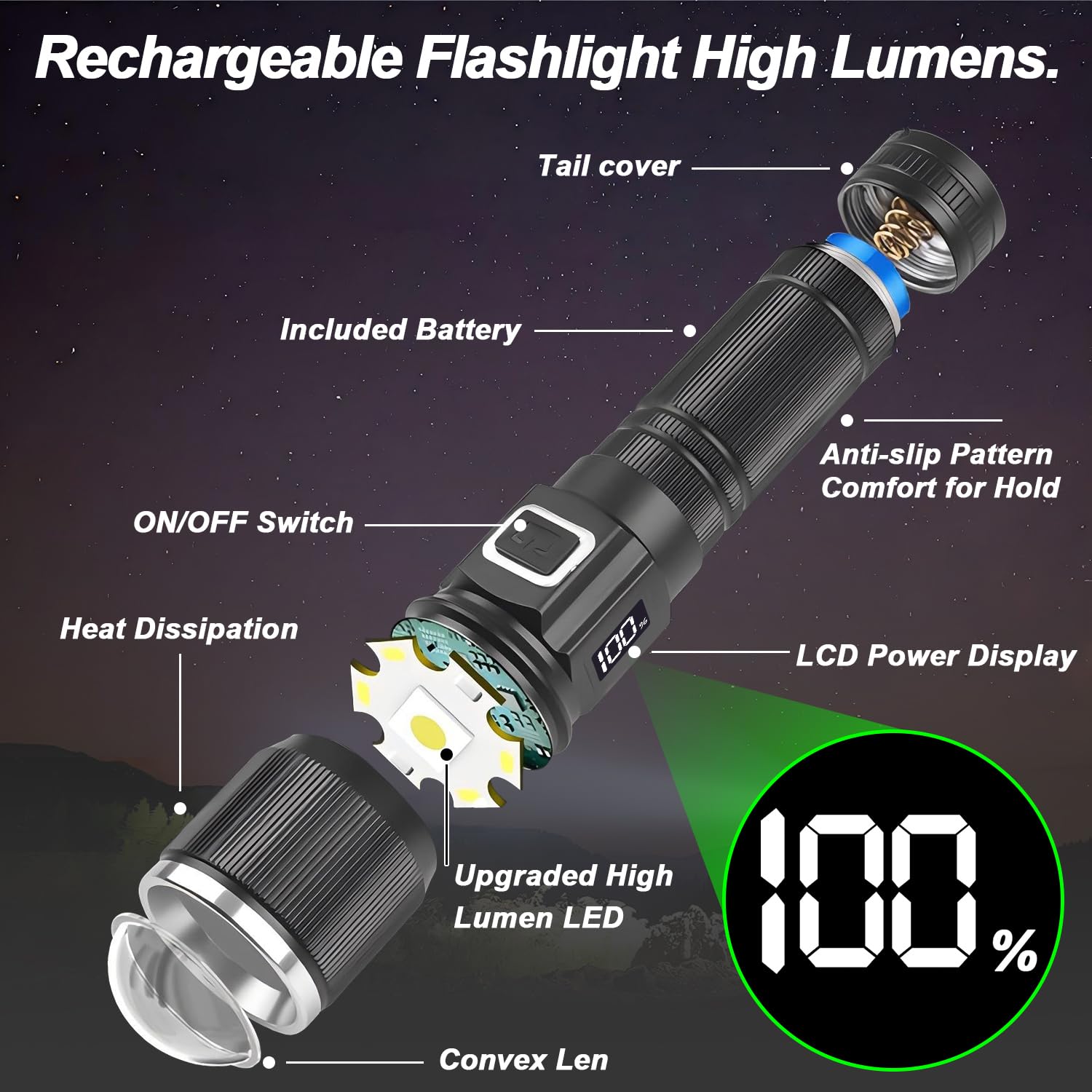 Flashlight Rechargeable With Lcd Display, 1300 High Lumens Flashlight Super Bright 30W Long Throw Highbeam Pocket Flashlights, 3