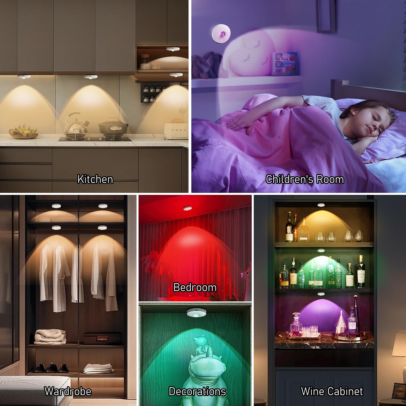 UNUSROOM LED Puck Lights, 2000mAh Battery Operated, Touch & Remote Control, Dimmable, Black, Model T065, Wireless Closet Light
