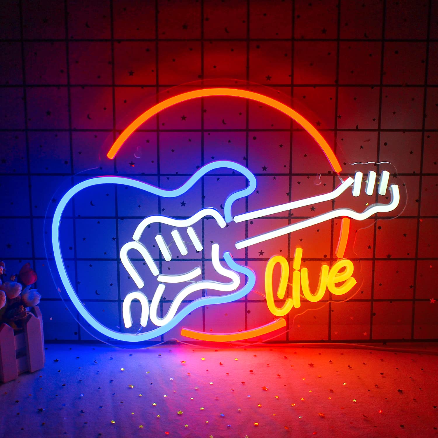 Wanxing Guitar Shape LED Neon Sign - Colorful Decor for Music Studio, 12.6x15.7 inches, USB Powered, Acrylic, Glass, Metal
