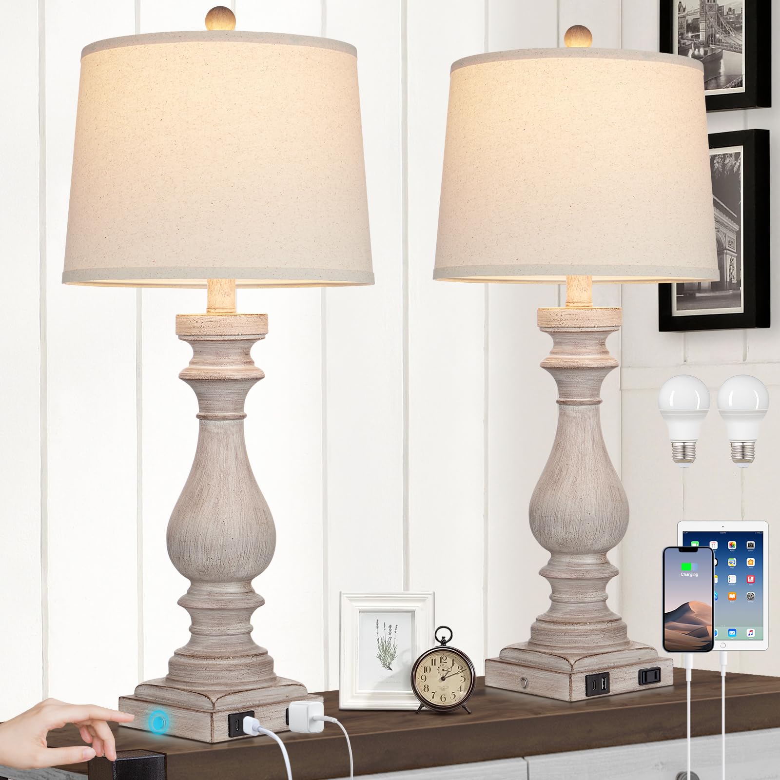 Cinkeda 29in Tall Table Lamp Set of 2, Vintage USB & AC Outlet, 3-Way Dimmable Touch Control, Gray, Model TD-CK-207