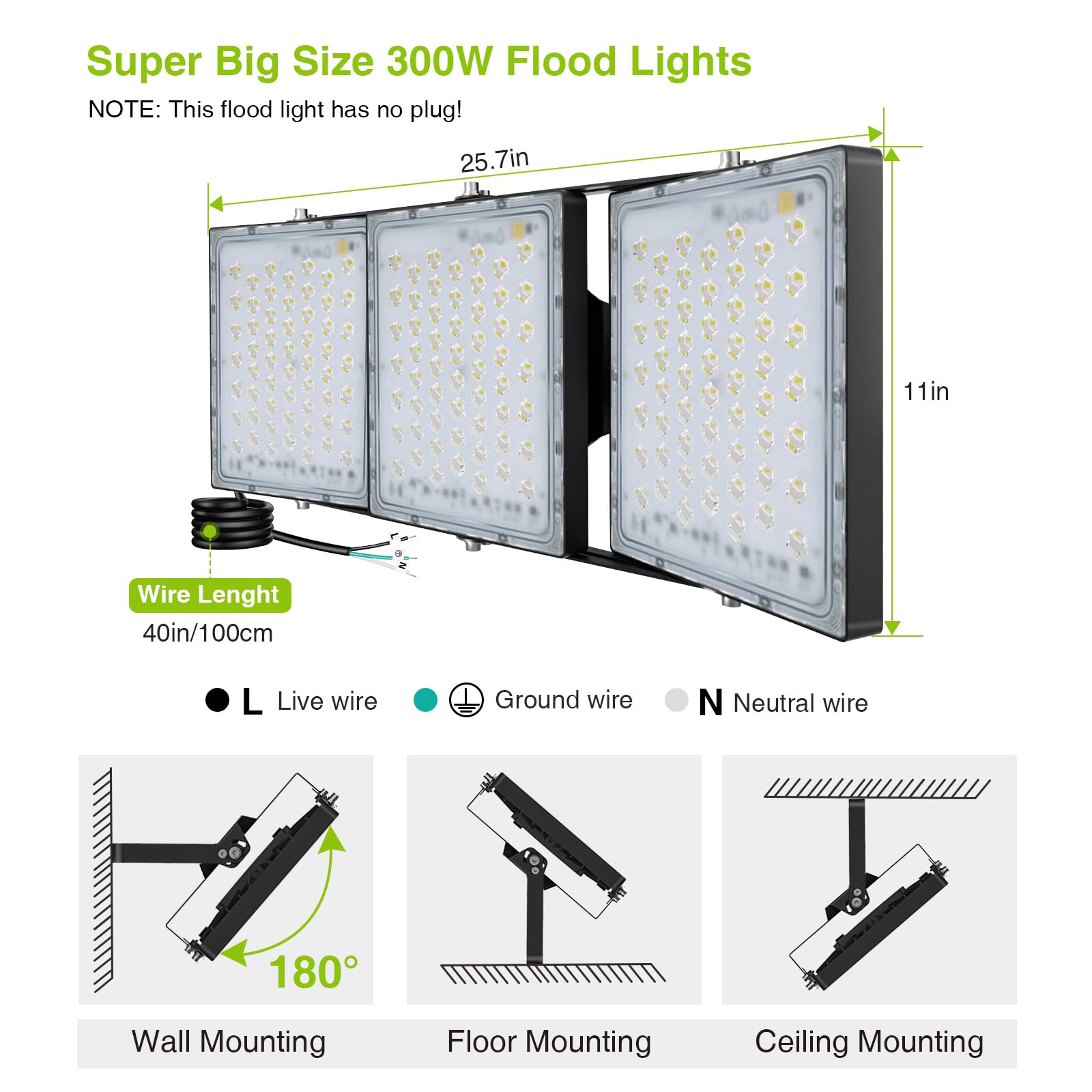 STASUN 300W LED Flood Light, 30000LM IP66 Waterproof Commercial Light, 6000K Daylight, 3 Adjustable Heads for Outdoor Use