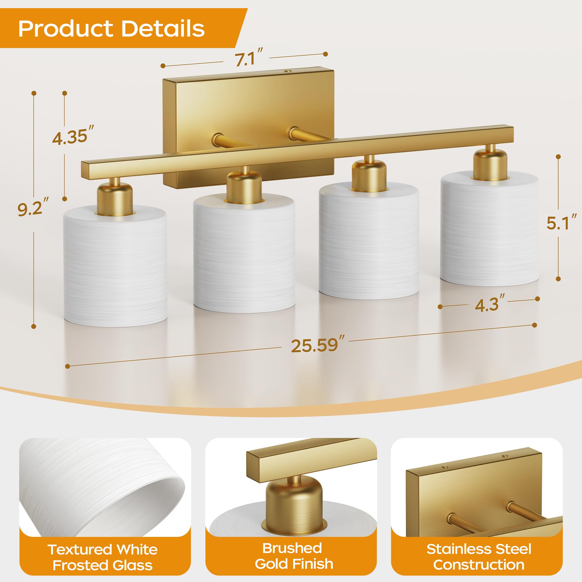 PARTPHONER Bathroom Light Fixtures, 4-Light Vanity Light, Brushed Gold, Textured White Glass Shade, Model PAWL201AJ1