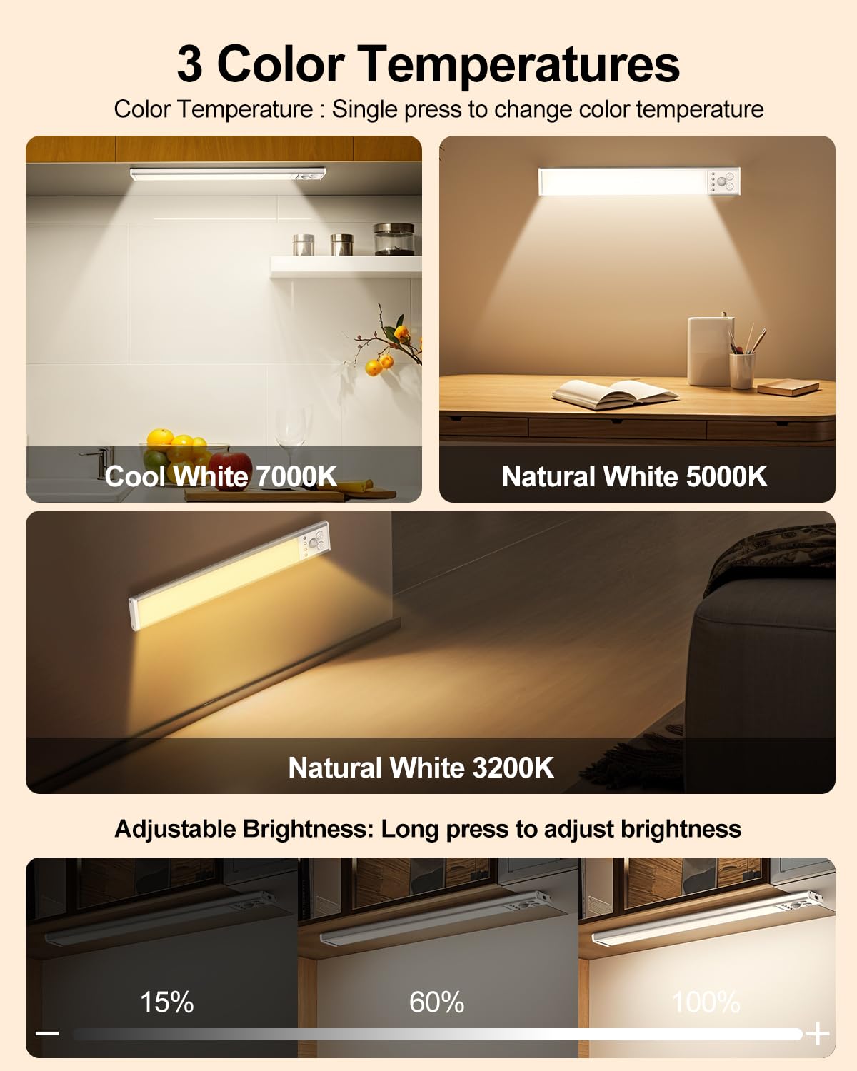 Under Cabinet Lighting  Led Motion Sensor Light Indoor With 3 Color Dimmable  2500Mah Battery Operated Closet Lights Rechargeable Lamp  Magnetic Under Counter Night Lights Used In Cabinet (16 Inches)