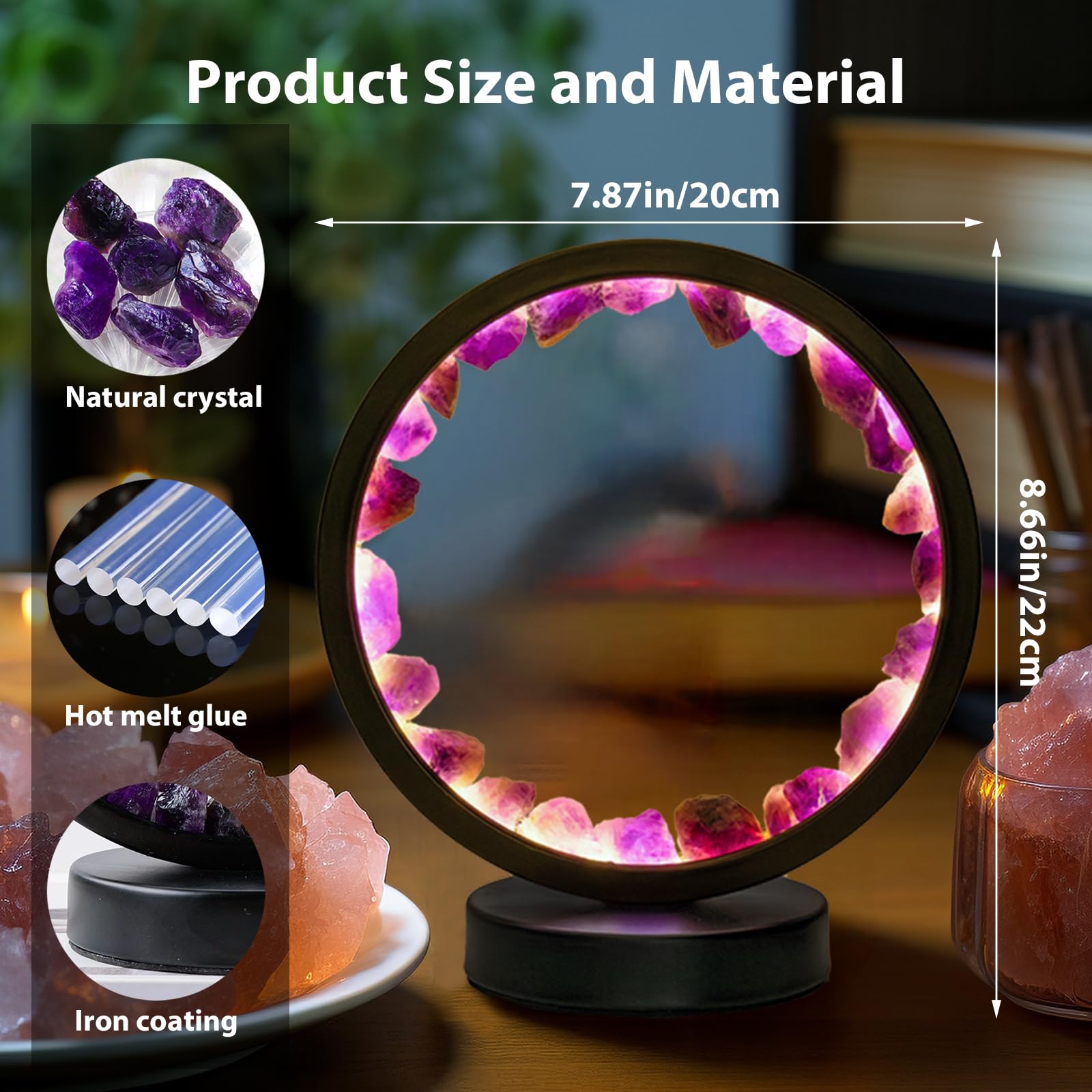 Runyansghi Amethyst Night Lamp 8.6&quot; Natural Healing Crystal Bedside Lamp Usb Port 3 Colours Dimming Mode Bedroom Lamp Suitable Night Light For Living Room Bedroom Office Home Decor Ideal Gift