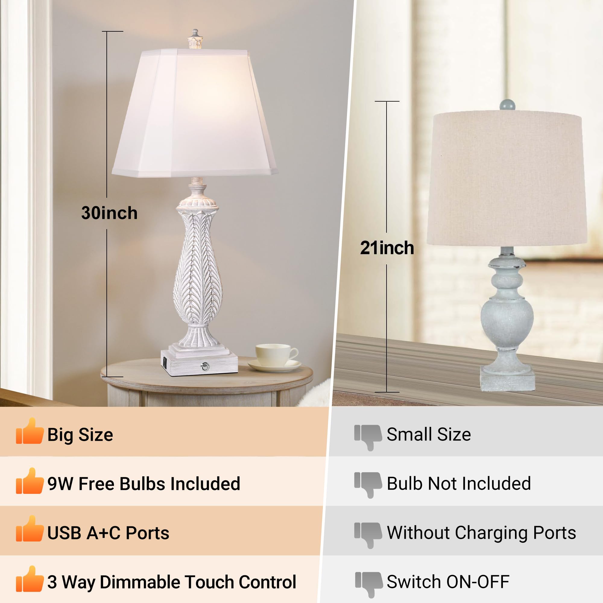 Wihtu Farmhouse Table Lamp Set Of 2, 3-Way Dimmable Touch Control Lamp For Nightstand, Beside Lamps With Ac&Usb Outlet, Oil Rubb