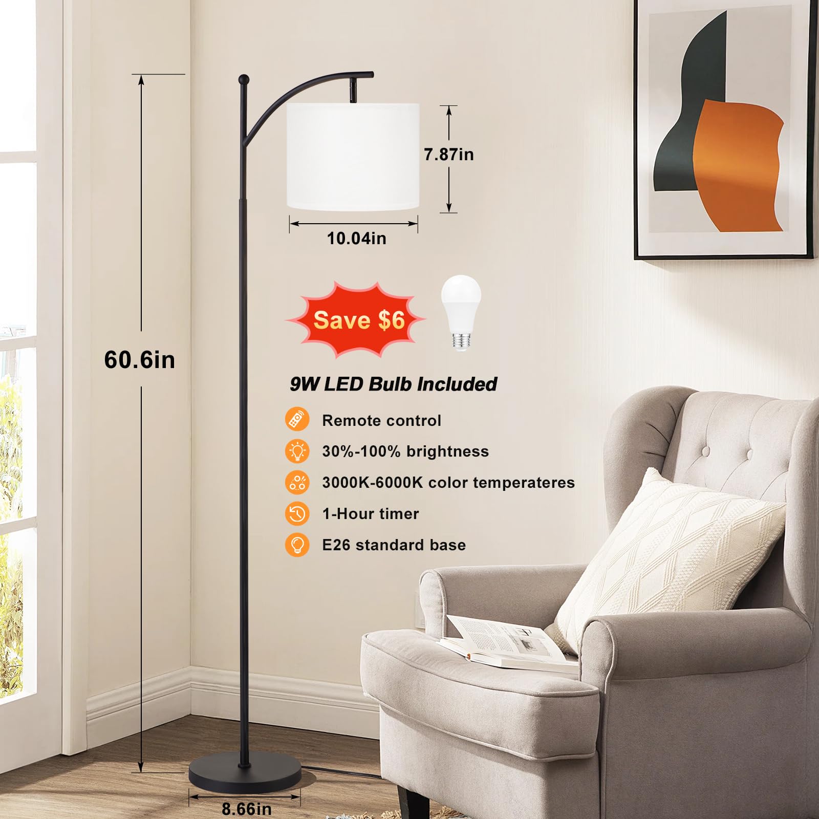 60'' Floor Lamps With Remote Control & Bulb, Colors Temperature & Brightness Adjustable, White Shade & Black Pole