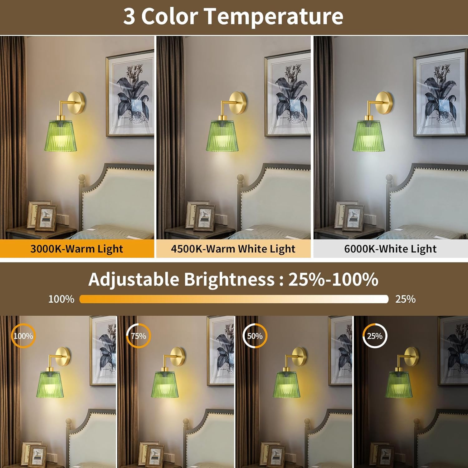 WLQCWL Vintage Battery Operated Wall Sconce - Gold Metal Lamp with Remote Control, 12 Color Temperatures, Sesame Lampshade