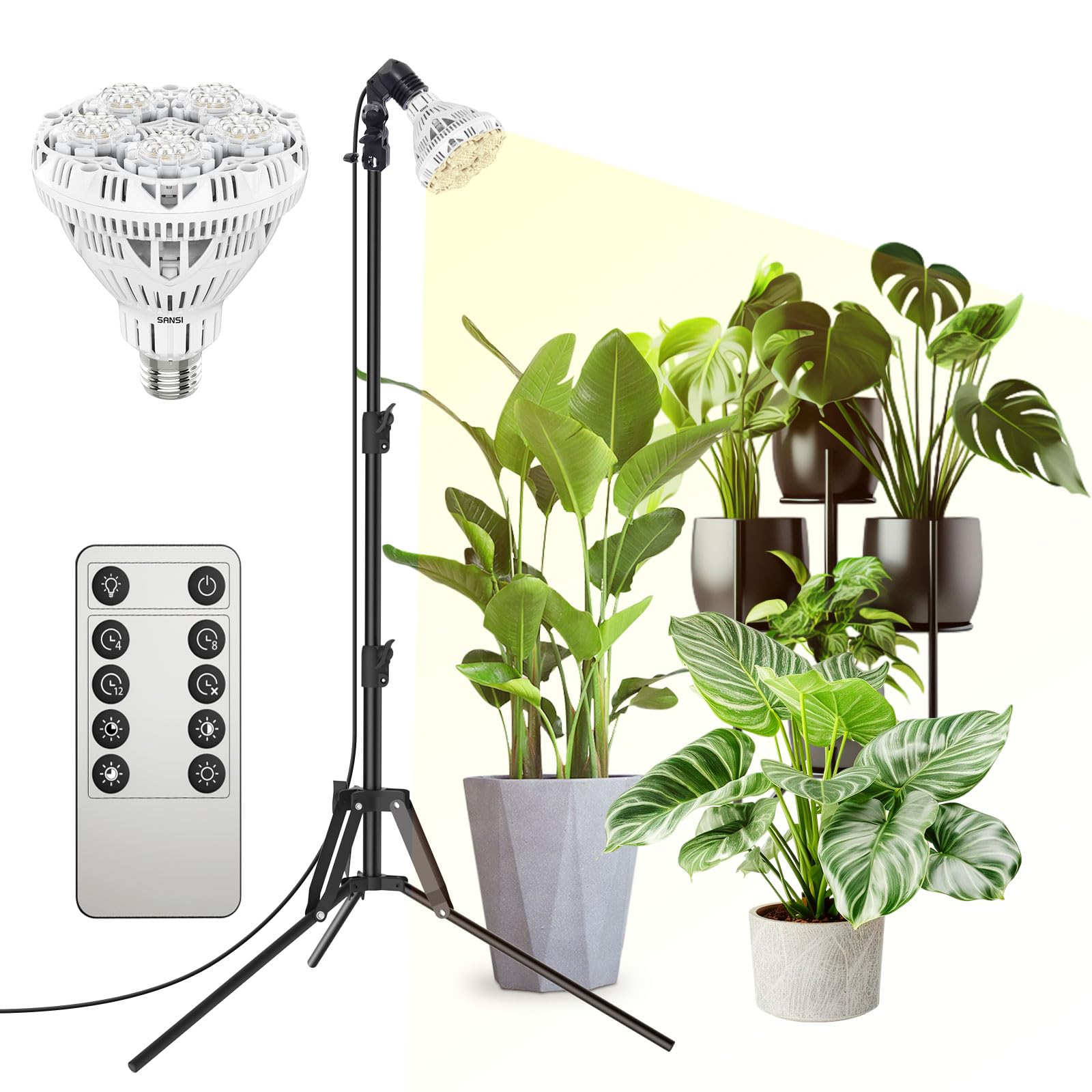 SANSI Grow Lights for Indoor Plants, 30W Full Spectrum, 4 Dimmable Levels, Adjustable Tripod 30in-55in, Black, Model C21GL-CE26-30W