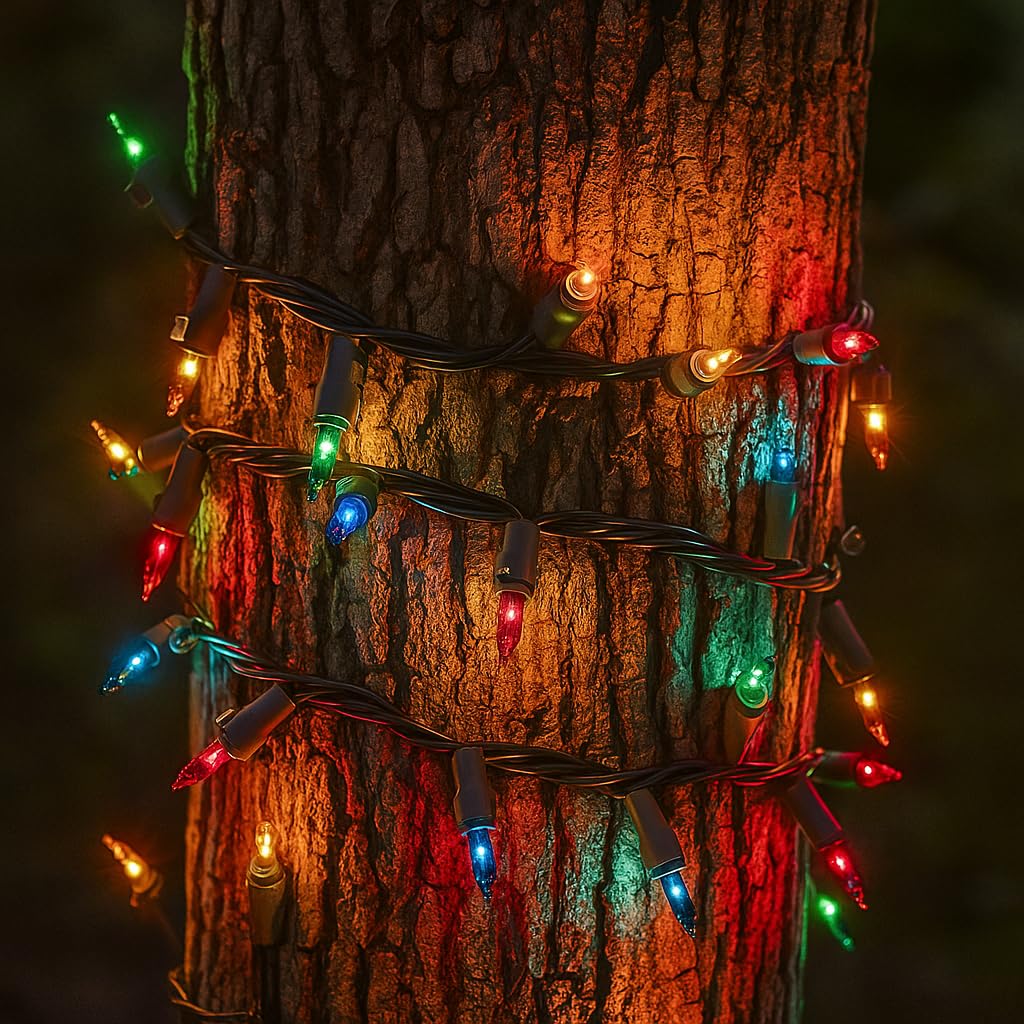 Novelty Lights 50 Feet 100 Bulbs Traditional Incandescent Mini Lights, Multicolor On Brown Wire With 6 Spacing, Commercial Grade