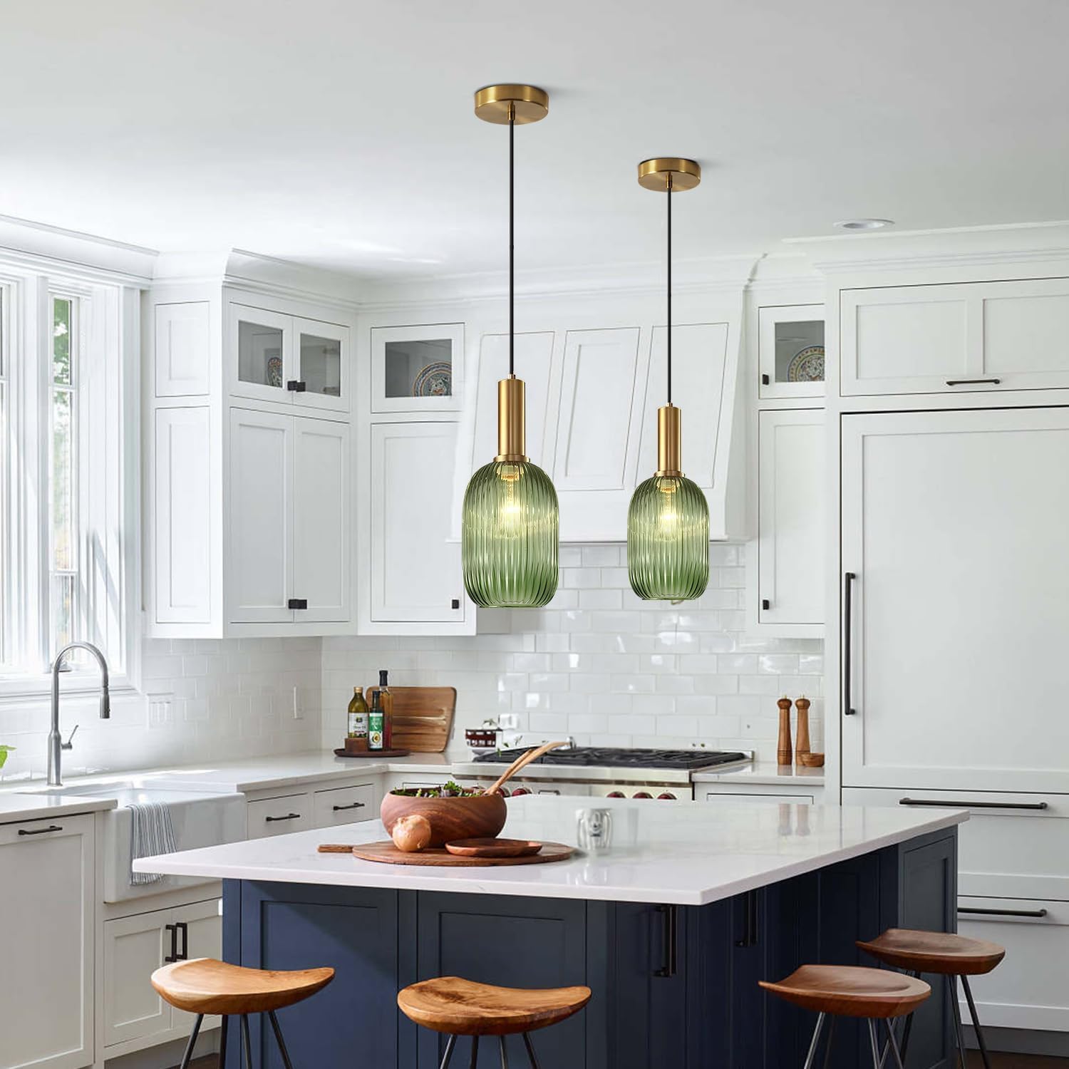 KCO Green Ribbed Glass Pendant Light, Antique Brass, 13cm, Model L1164-G, Mid Century Modern Hanging Fixture