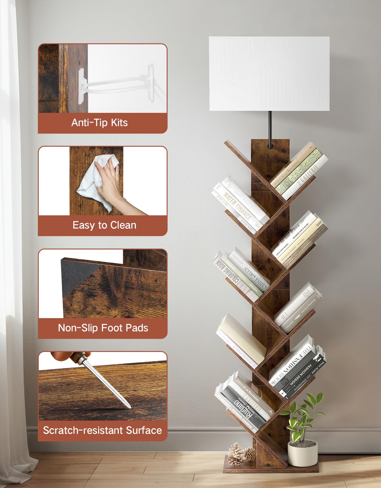 OUTONLIFE 9 Tier Tree Bookshelf, Rustic Brown Engineered Wood, 152.3cm x 17cm x 34.5cm, with Light, Remote & Timer, Modern