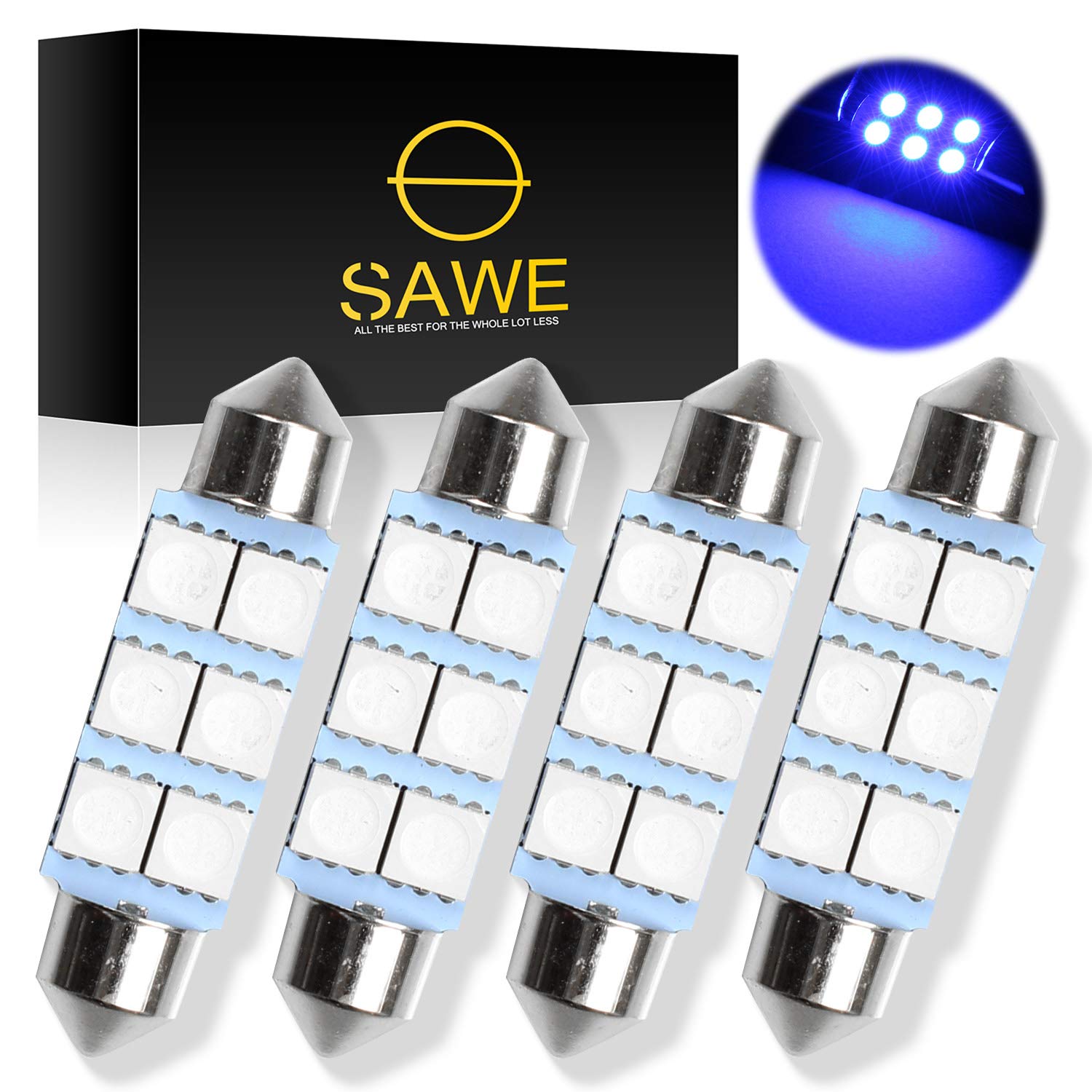 SAWE Festoon LED Bulbs 6-SMD 5050 for Dome Map Light, 42mm, Pack of 4, Blue
