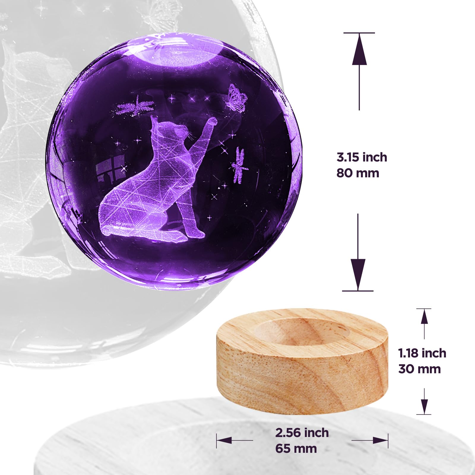 Pymin3D 3D Cat Crystal Ball Night Light 3.15In K9 Cat Lamp With 16 Colors Change Wooden Base And Remote Control Christmas Cat Gi