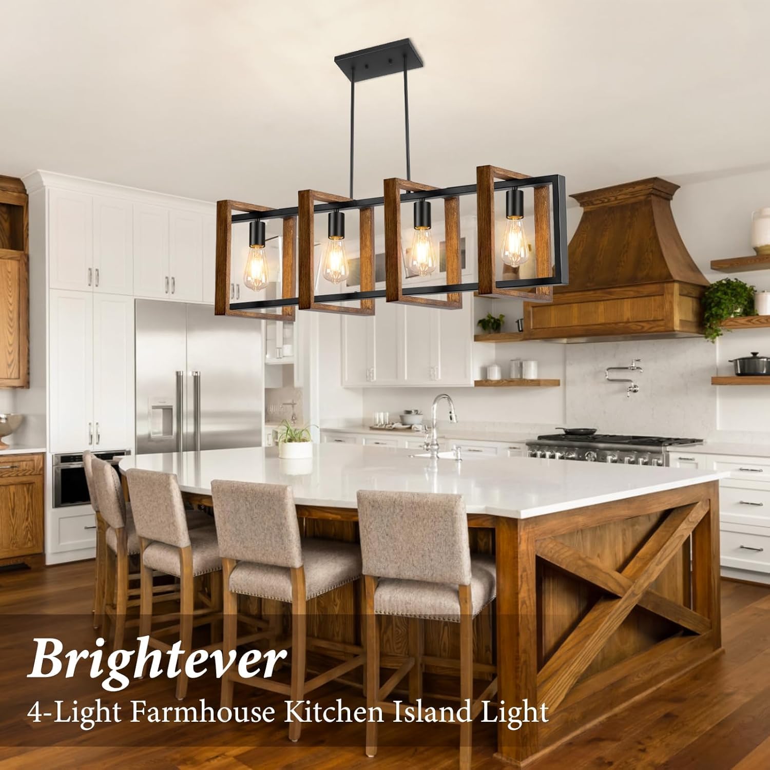 4 Lights Dining Room Light Fixture, Farmhouse Kitchen Island Lighting Wood And Black Metal Rectangular Hanging Chandelier For Ce