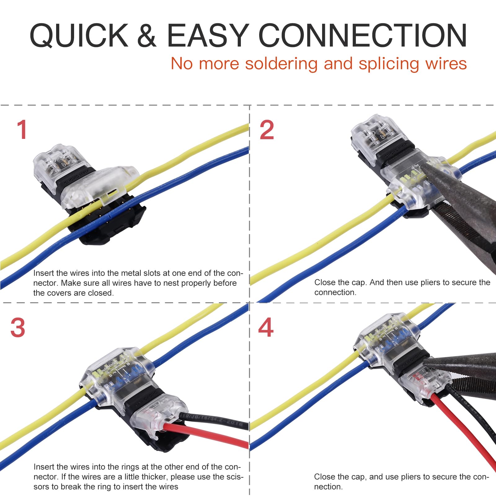 Brightfour T Tap Wire Connectors For 14-18 Awg Wires, No Wire Stripping 3 Way 2 Pin Wire Connectors, Solderless Wire Splice Conn
