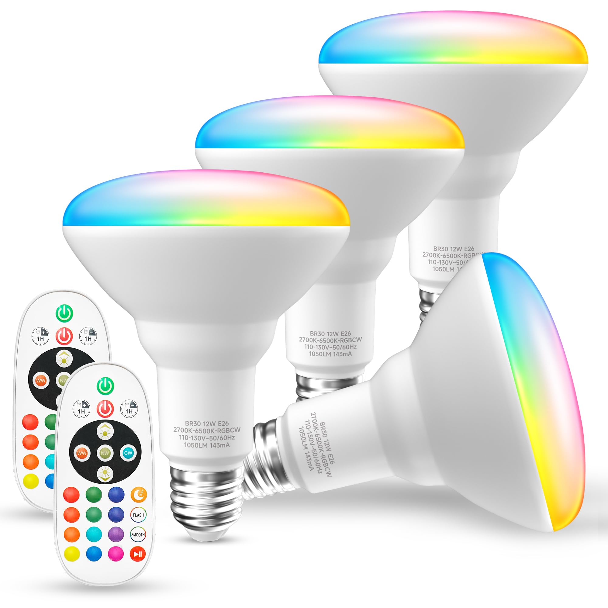 Unilamp Br30 Color Changing Light Bulb, Led Flood Lights 12W, 100W Equivalent, Rgb+2700K+4000K+6500K, Remote Control, 1050Lm, Di