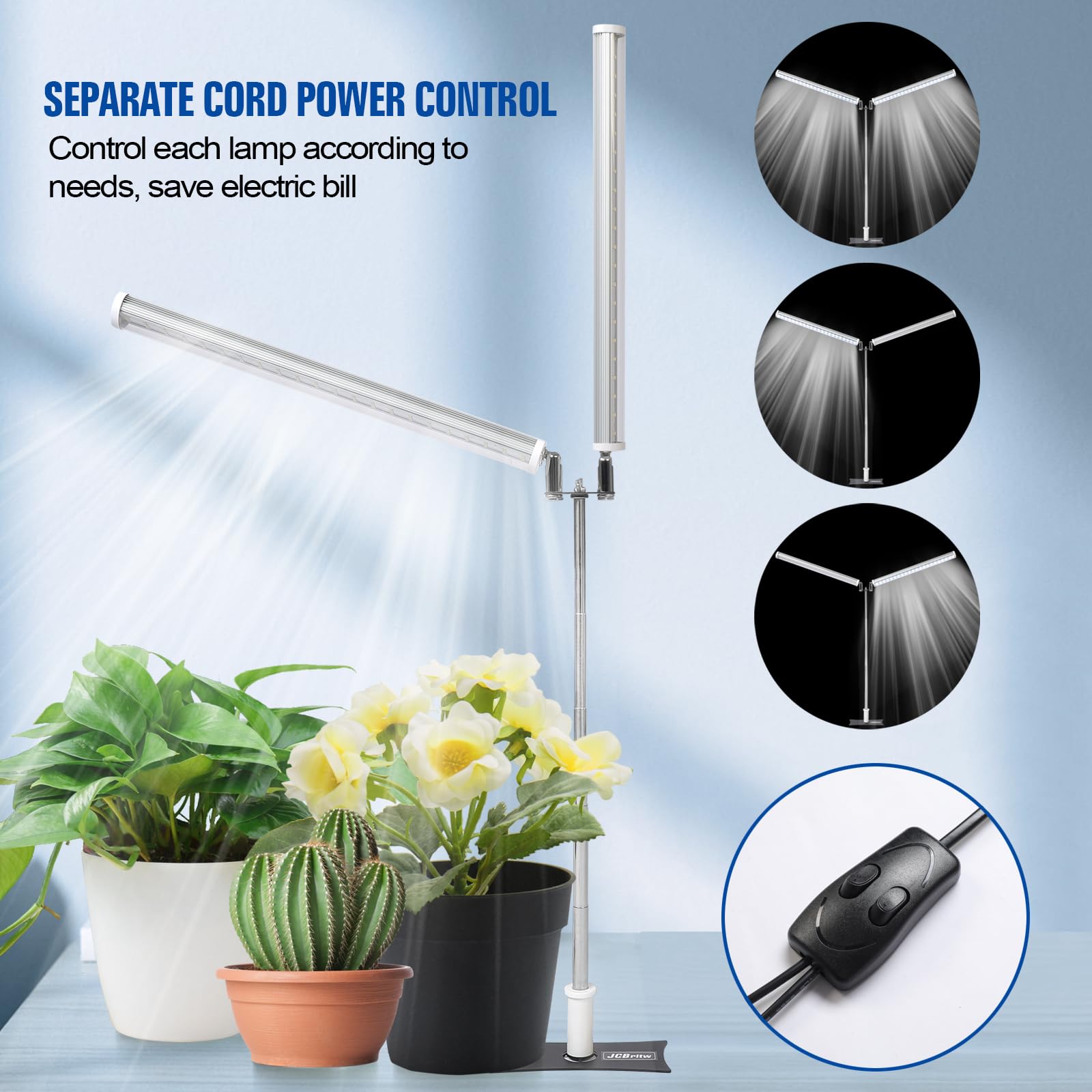 JCBritw T12 Dual Head LED Grow Light, Adjustable 6500K Full Spectrum Lamp, Silver, for Indoor Plants and Seedlings