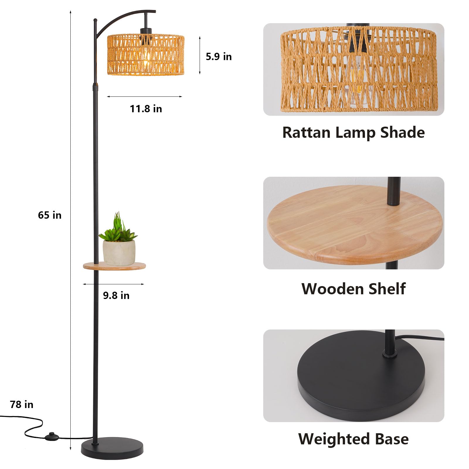 Boho Floor Lamp, Rattan Floor Lamp With Shelf, Bohemian Bamboo Wicker Coastal Rustic Farmhouse Woven Tropical Wood Tall Standing