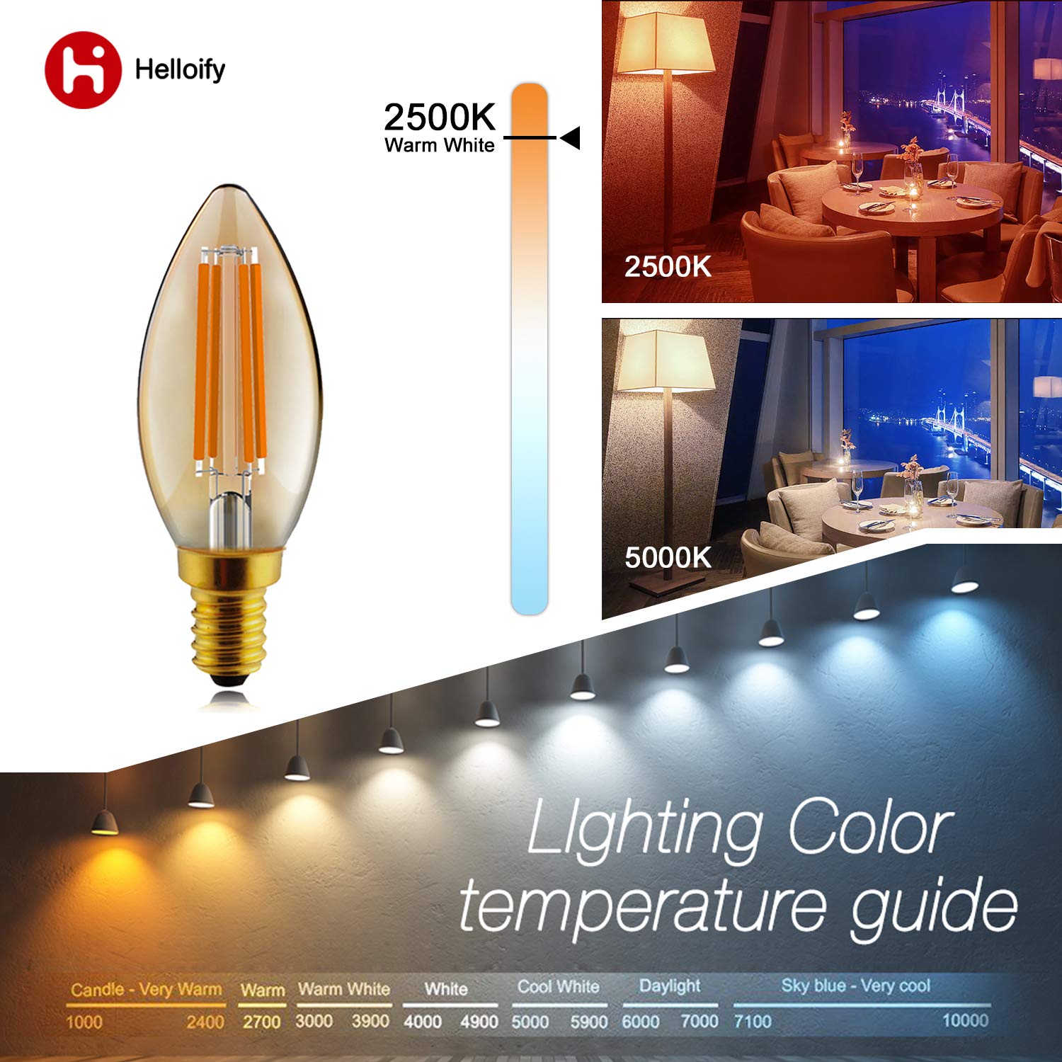 helloify B11 Dimmable Vintage LED Edison Candelabra Bulb, 60W Equivalent, High Brightness, 2500K Warm White Light, Amber Glass,