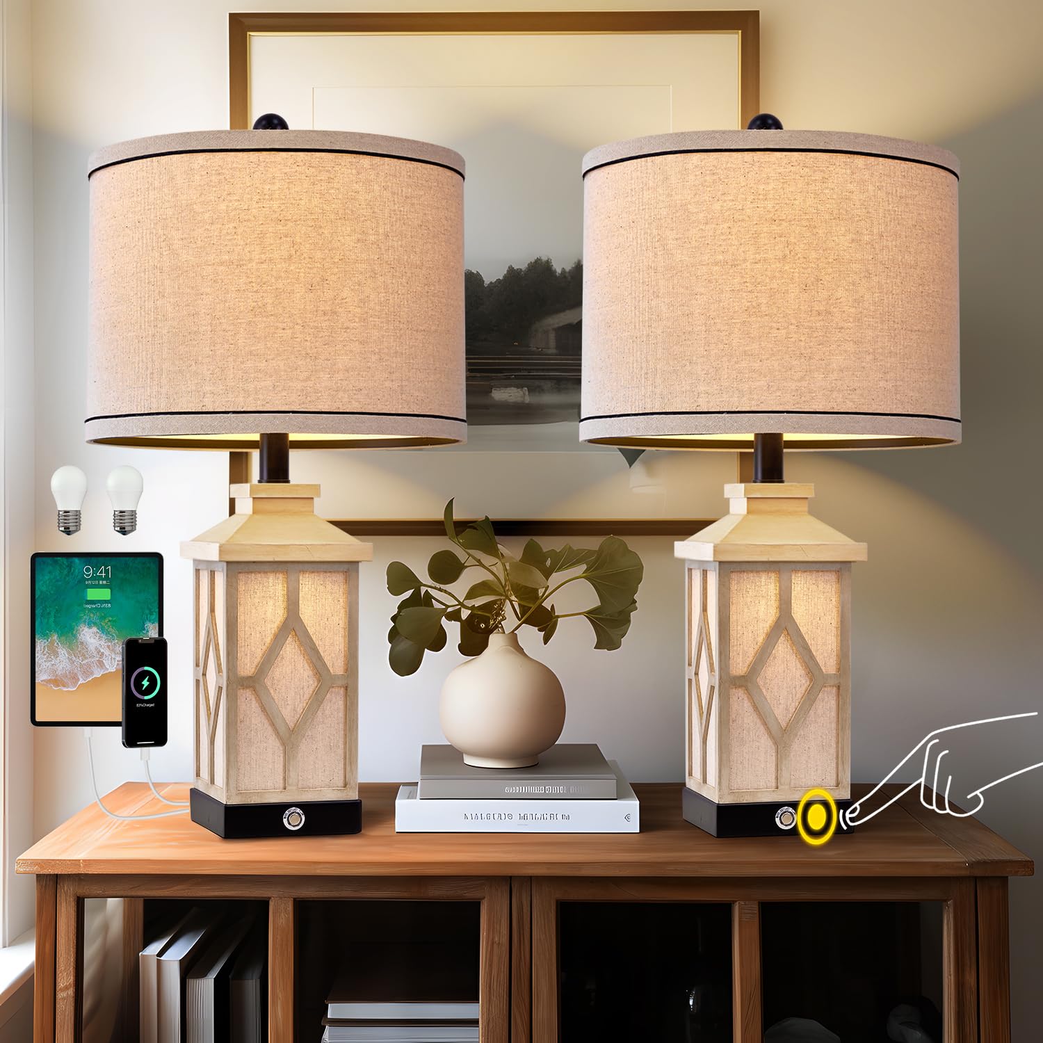 G-SAFAVA 23.5'' Touch Table Lamps for Living Room Set of 2 Farmhouse Bedside Lamps with USB A+C Charging Ports 3-Way Dimmable Wh
