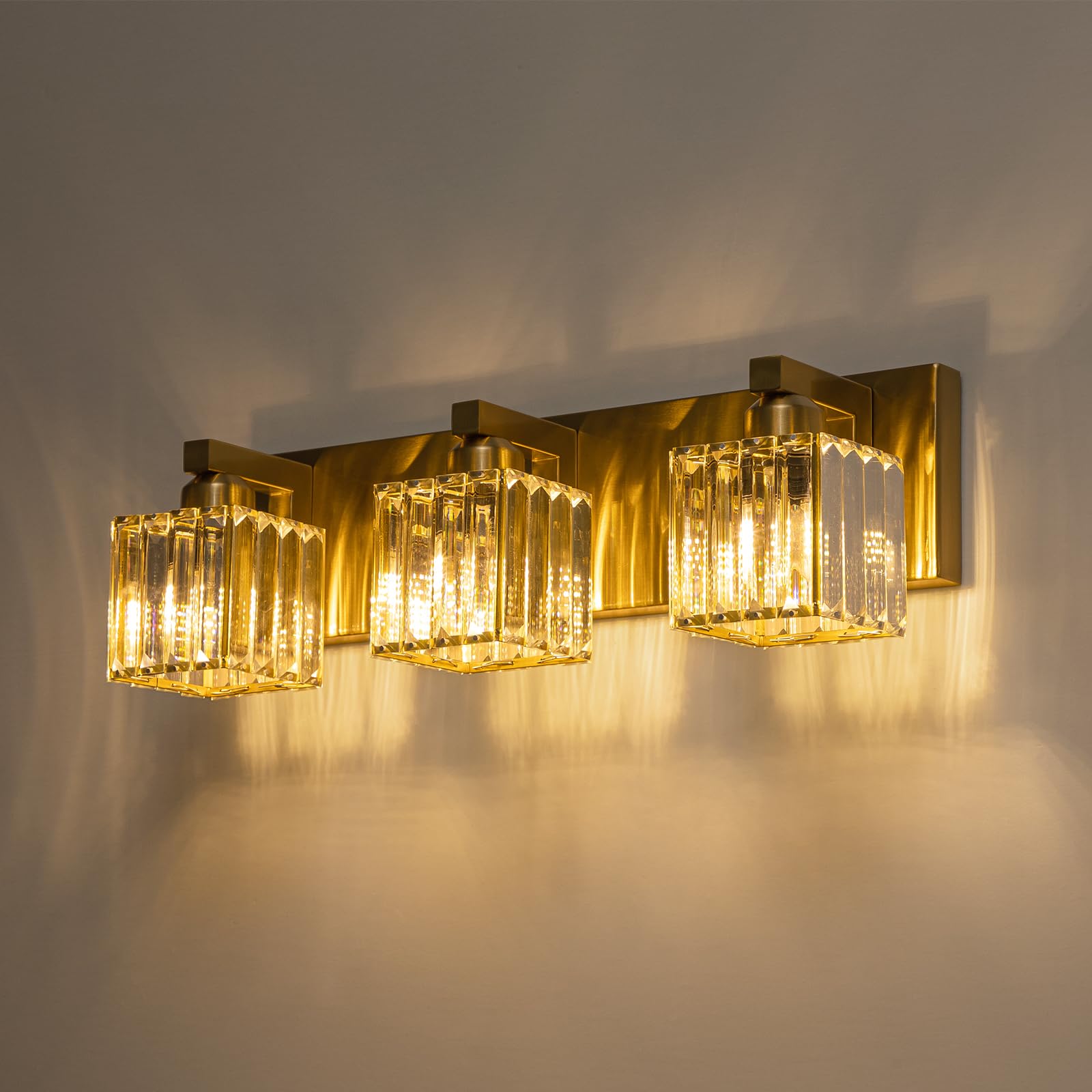 Huoku Gold Crystal Bathroom Vanity Lights Modern 3-Lights Bathroom Lighting Fixtures Over Mirror, Gold Crystal Wall Light With S