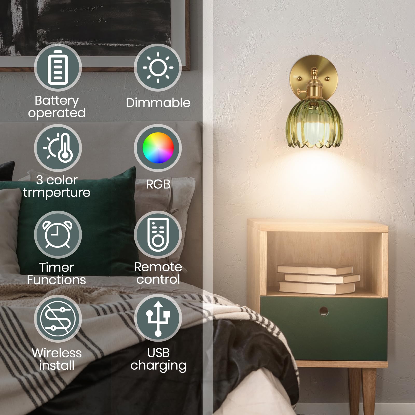 EIDEARAY Battery Operated Wall Sconce, Vintage Design, Glass, Tulip Green, Model YLC-BRO3TB, Remote Control, Rechargeable