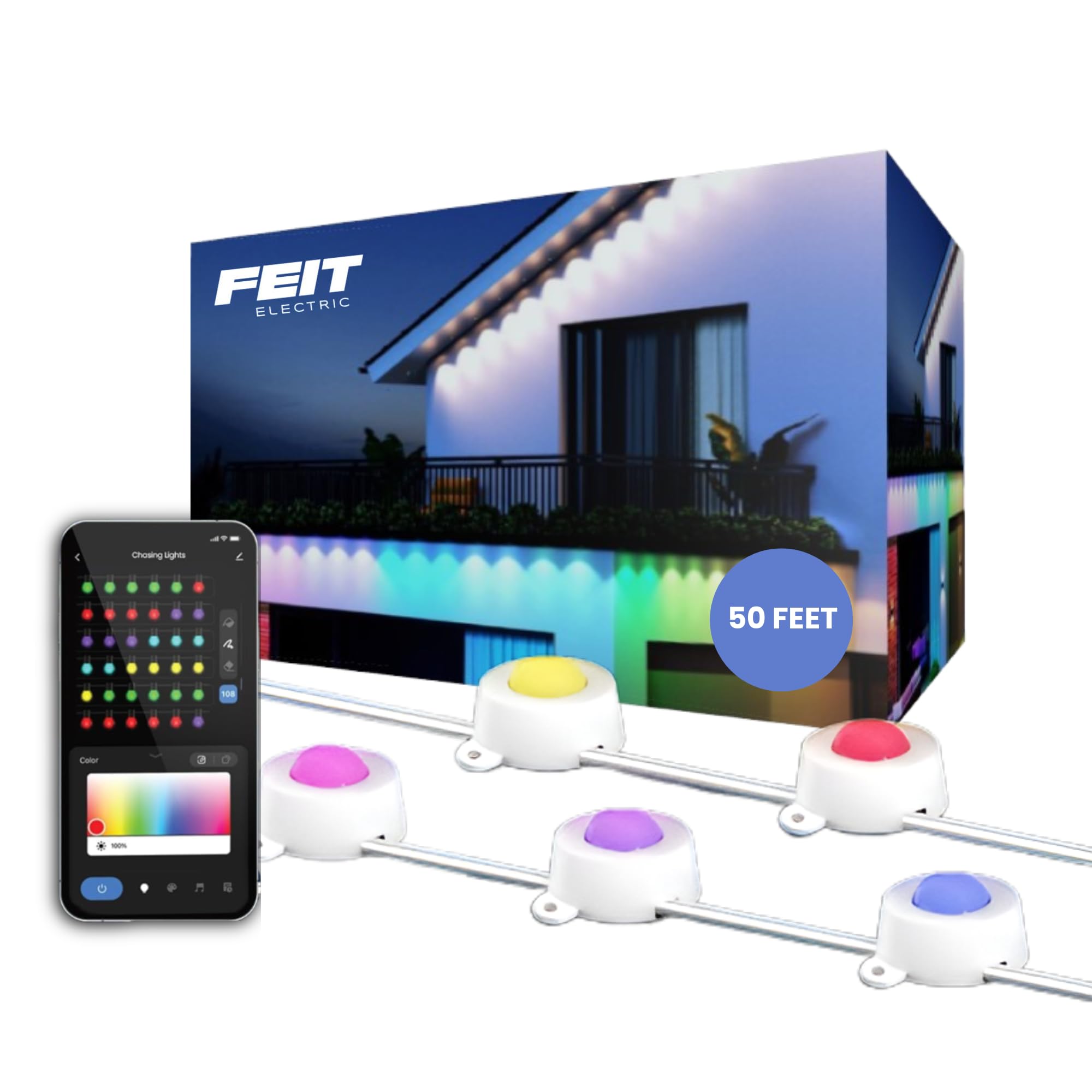 Feit Electric Permanent Outdoor Lights, Smart RGBIC with Tunable White String Lights, 50FT LED Christmas Lights, 2.4GHz WiFi, Wo