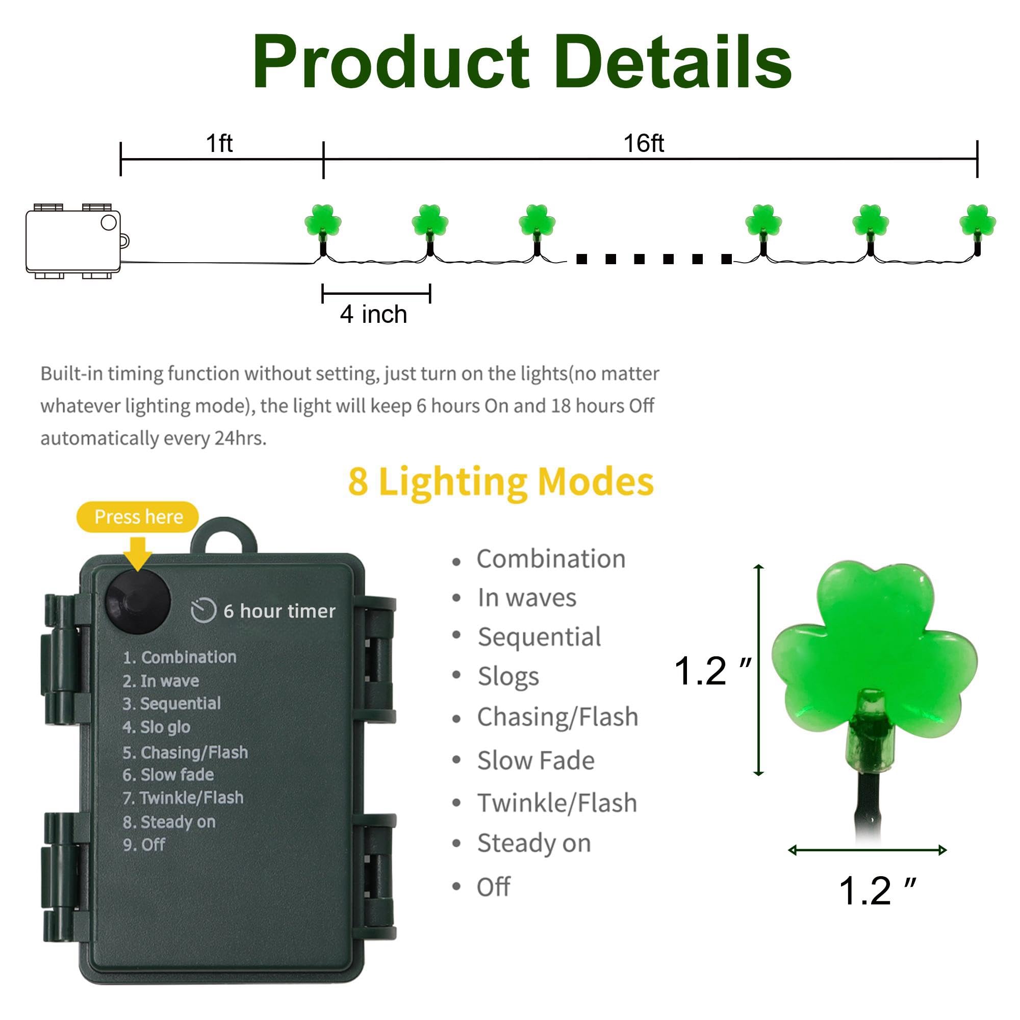 LJLNION 50 LED St. Patricks Day String Lights, 16 FT Battery Operated Green Shamrock Lights, Waterproof, 8 Lighting Modes, 2 Pack