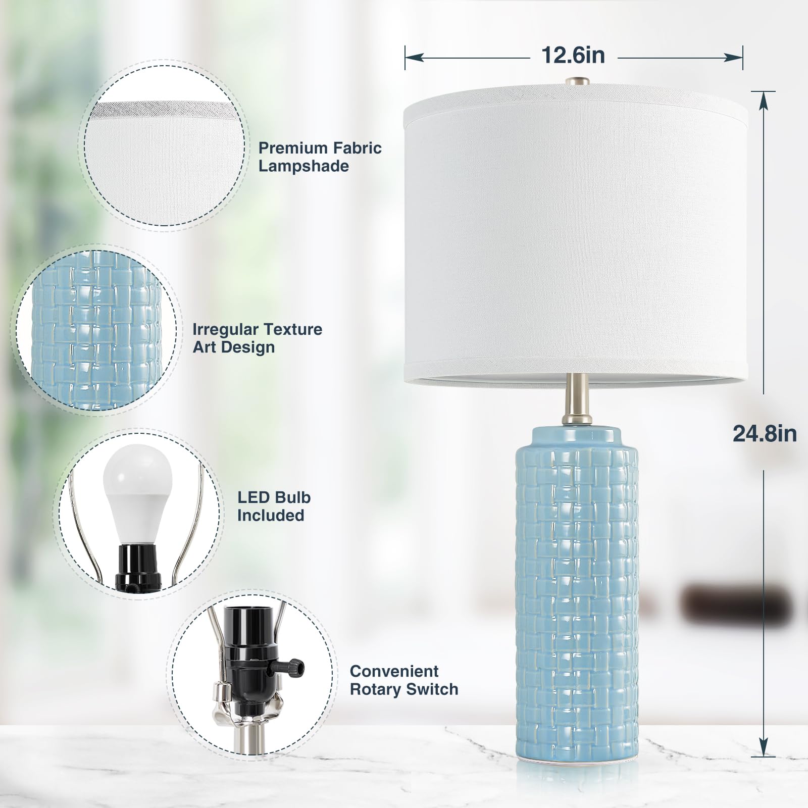 Luvkczc Modern Ceramic Bedside Lamps Set of 2, 24.8", Lake Blue, 3 Color Temperatures, Bulbs Included