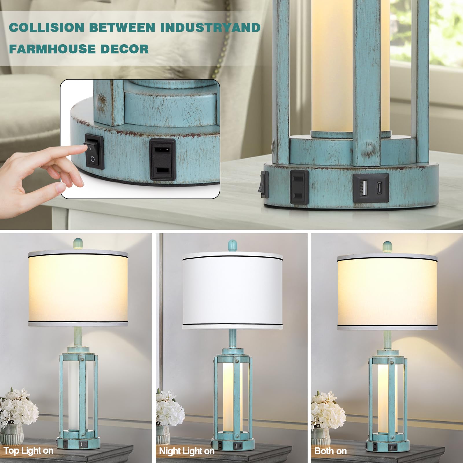 Farmhouse Lamps Set Of 2, 26'' Vintage Rustic Industrial Beside Lamps With Usb A+C Charging Ports & Ac Outlet, Nightstand Metal