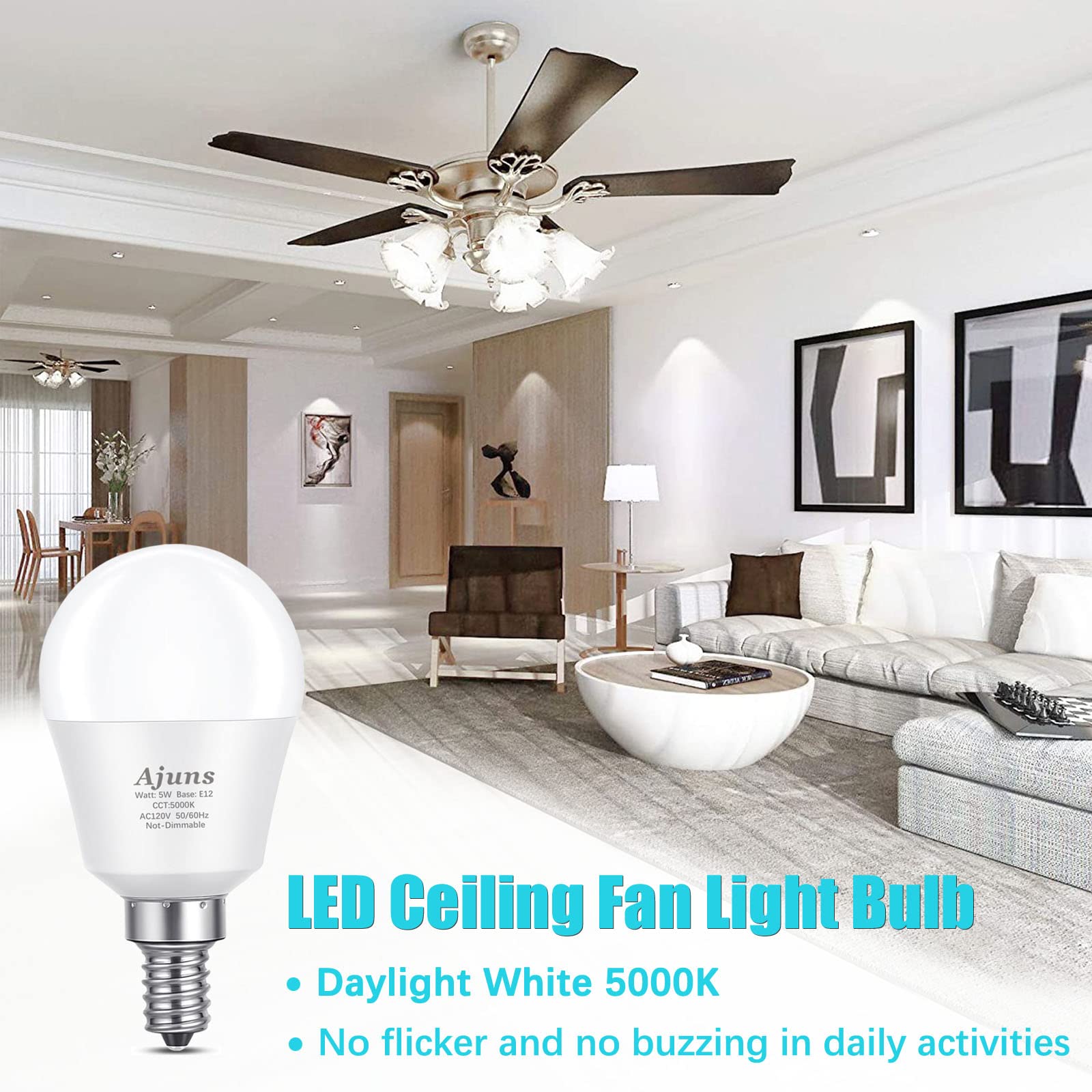 Ajuns Led Ceiling Fan Light Bulbs 40W Equivalent 120V Led Candelabra Bulb 5W Daylight White 5000K,Used For Branch Chandeliers, V