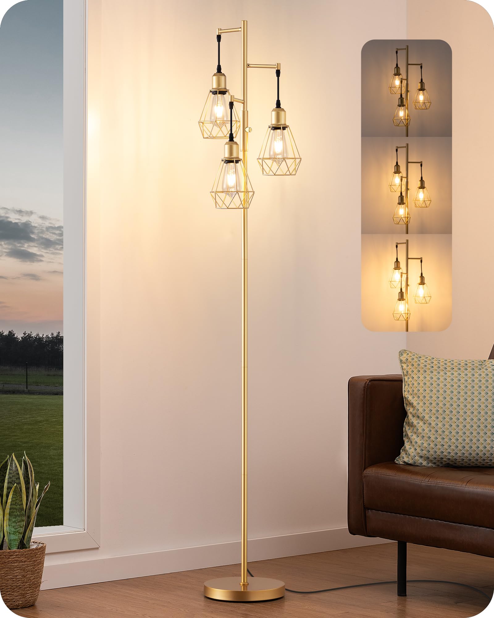 EDISHINE 70in  Dimmable Industrial Floor Lamp, Gold Metal, 3 LED Edison Bulbs, Model HLFL03L