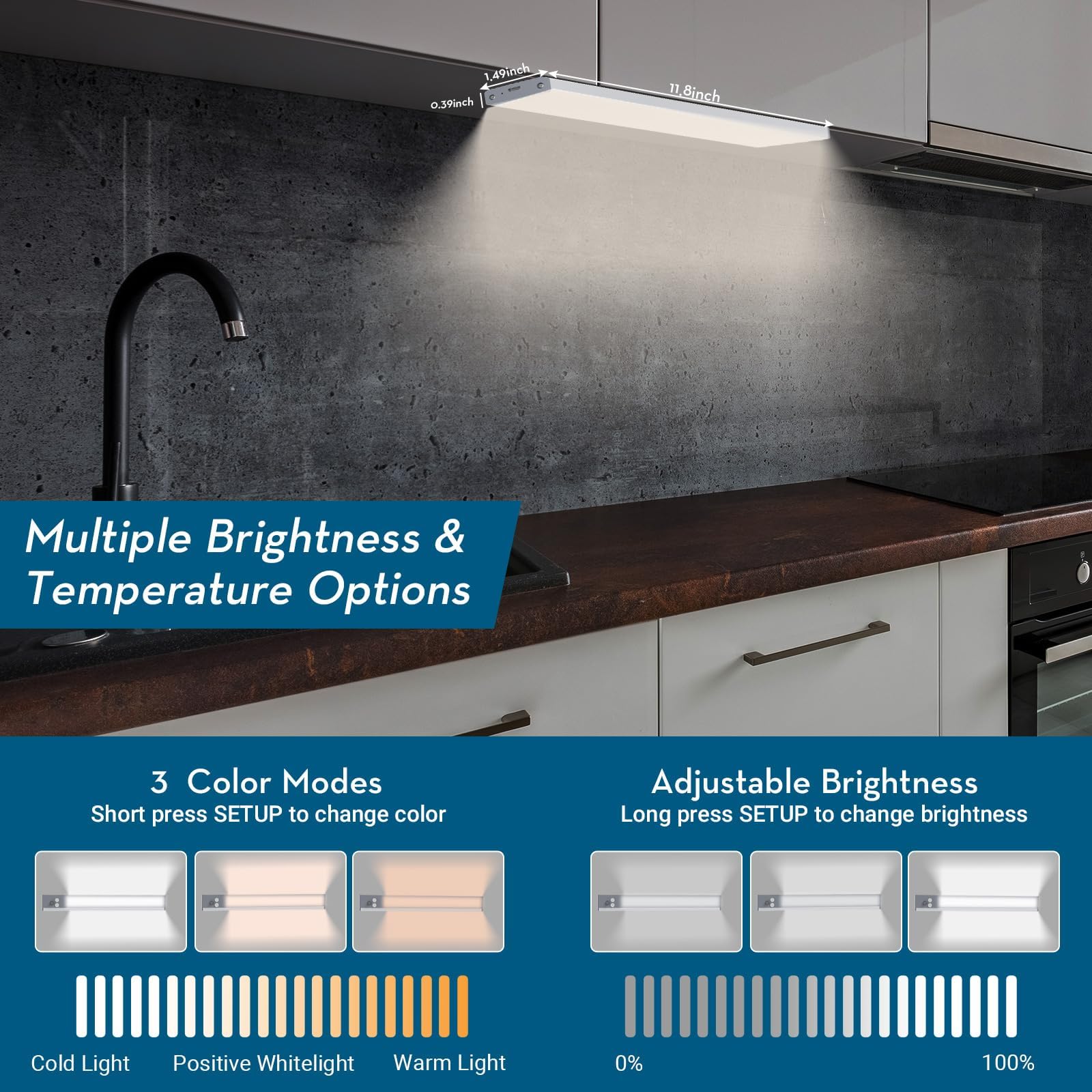 Under Cabinet Lighting Wireless, 60-Led Dimmable Motion Sensor Light Indoor, 12 Inch 2000Mah Rechargeable Cabinet Lights, 3 Color Under Counter Lights For Kitchen (2 Packs)