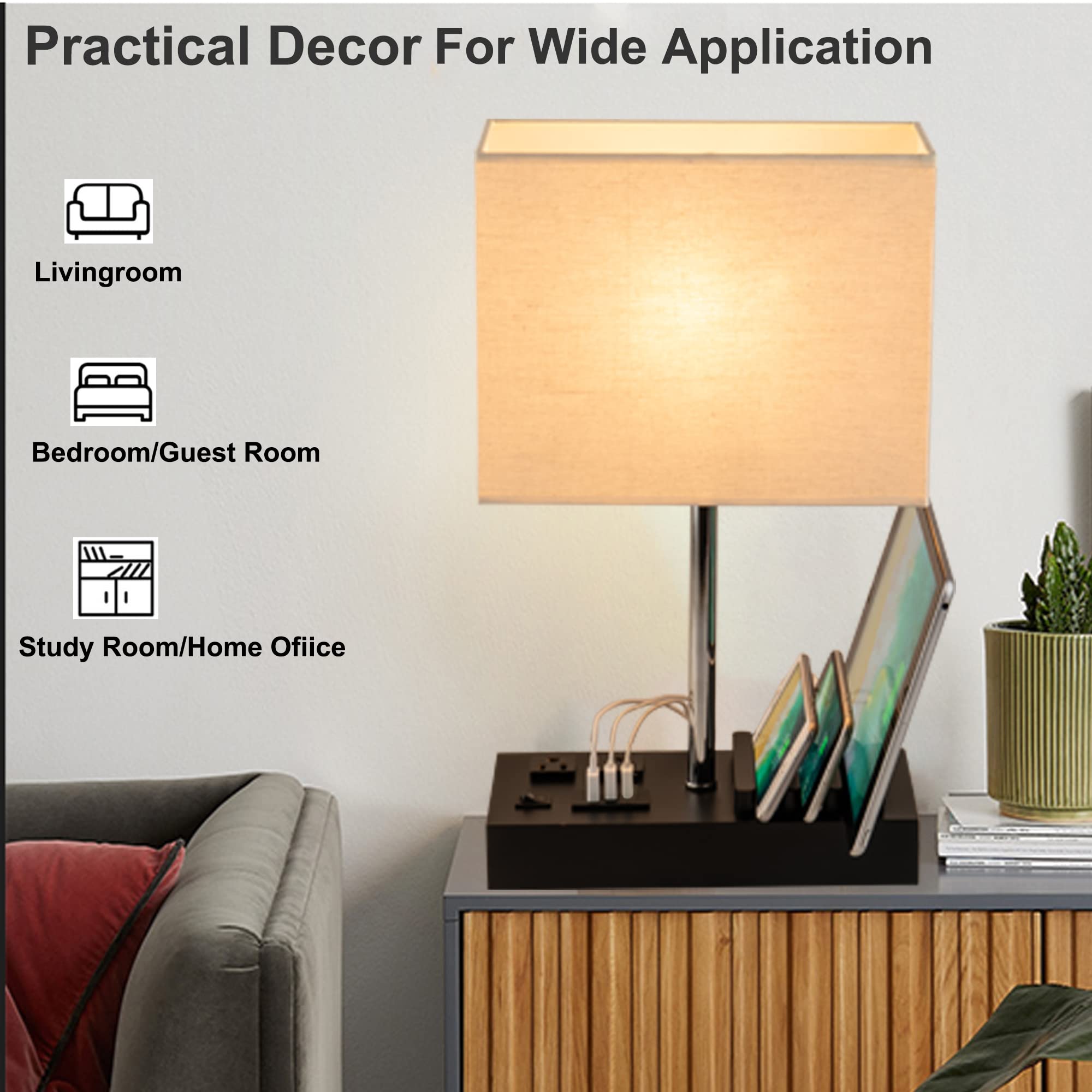 Briever Upgraded 3-In-1 Table Lamp With 2 Usb A & 1 Usb C Charging Ports, Bedside Desk Lamp With 2 Ac Outlets And Wooden Phone S