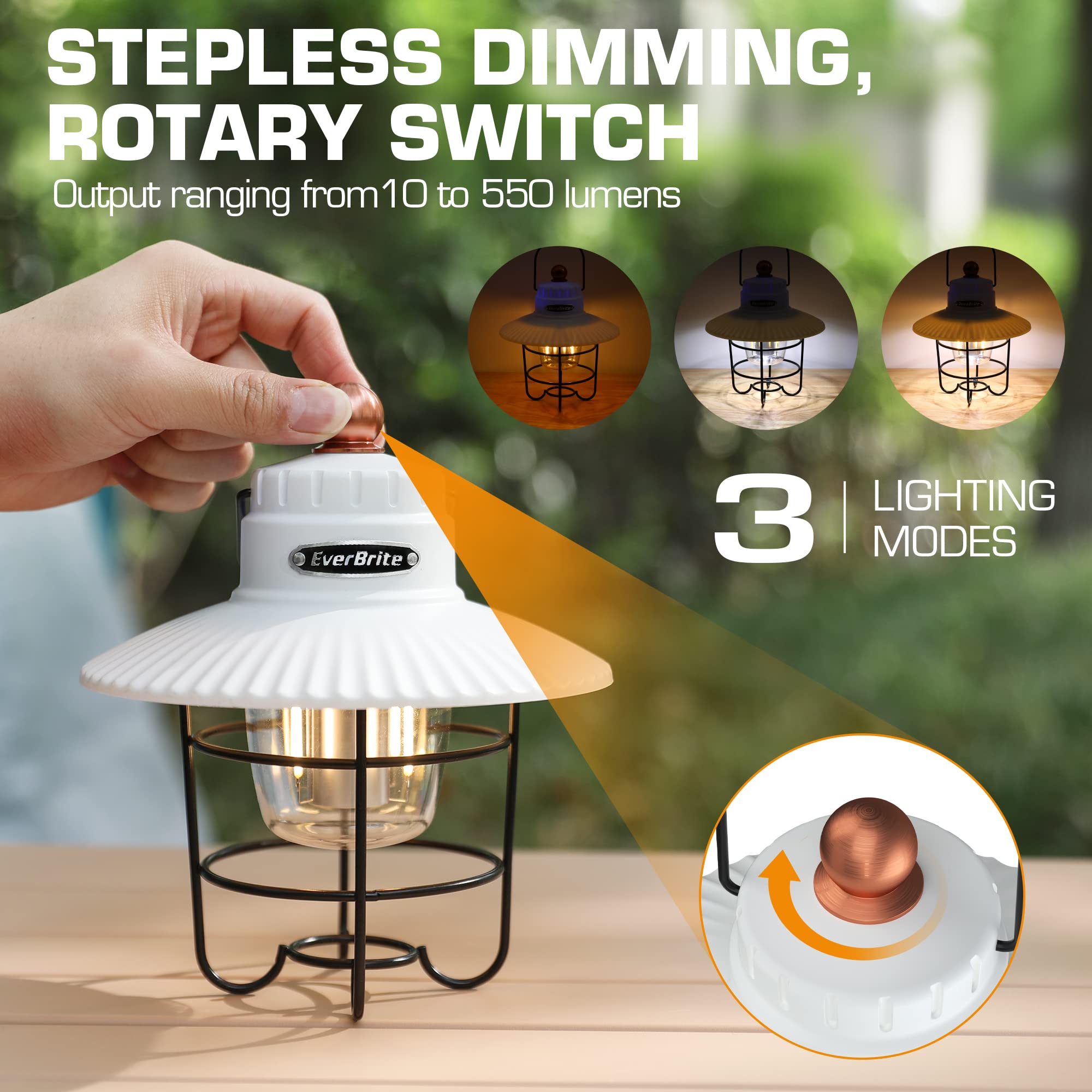 EverBrite LED Camping Lantern Pack of 2, USB C Rechargeable, 3 Light Modes, Vintage Style, White, Model E041034AE