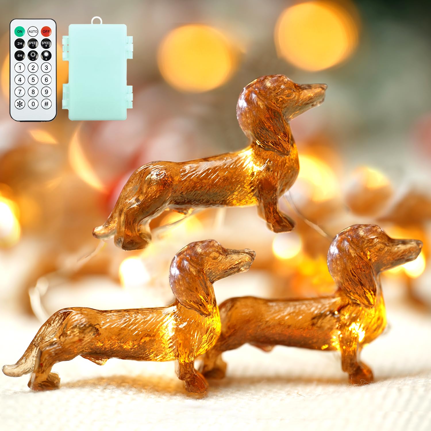 BOHON Dachshund Christmas Lights, 10ft, 30 LEDs, Battery Operated, Amber, Model BH-SL-21, Indoor Party Decorations