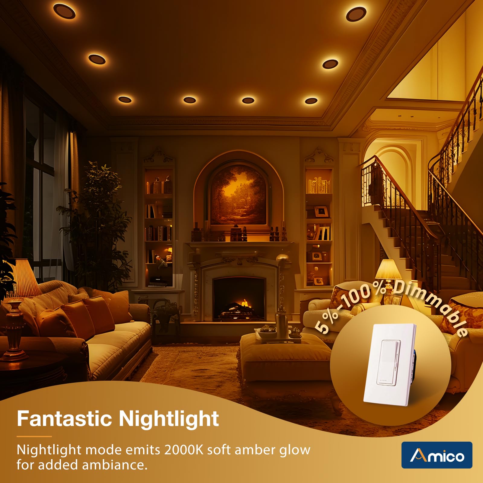 Amico 4 Pack Black 4 Inch 5Cct Led Recessed Ceiling Light With Night Light  2700K-5000K Selectable Ultra-Thin Recessed Lighting  10W=90W  700Lm  Dimmable Canless Wafer Downlight Etl&Fcc
