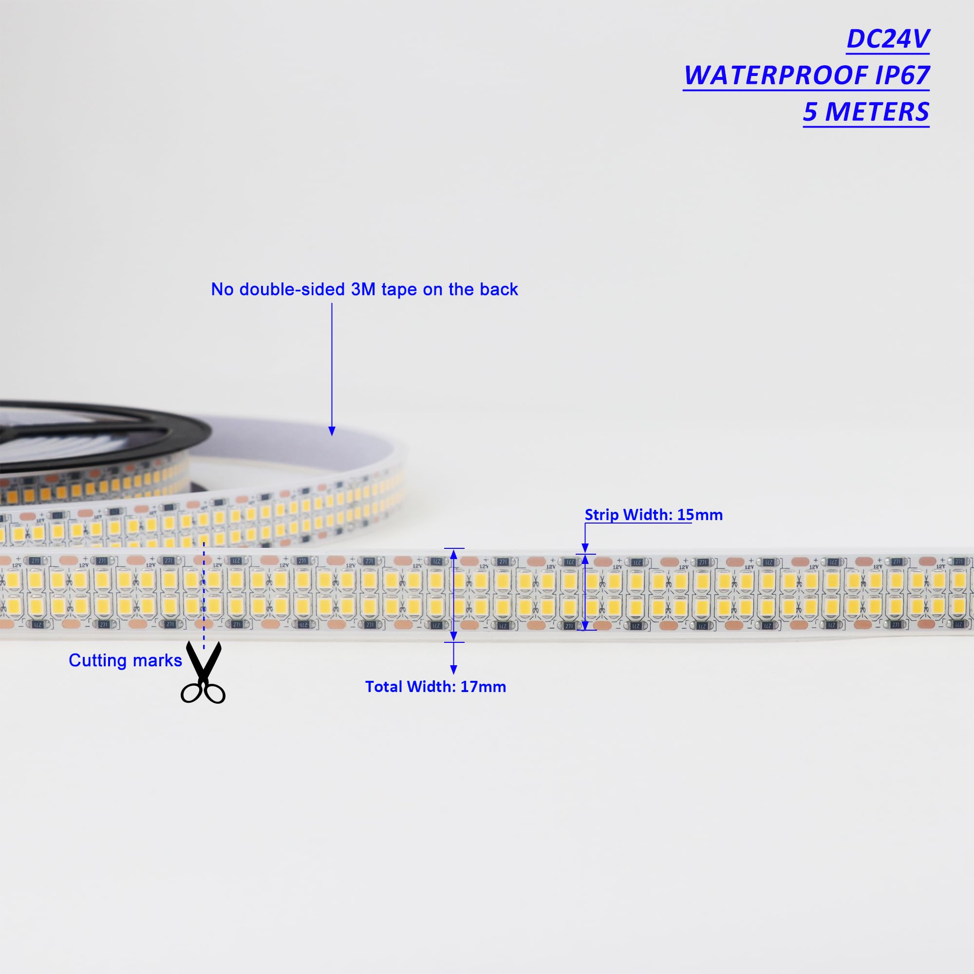 Ledenet Led Strip Lights Warm White 3000K 16.4Ft/5M Double Row 2835 Smd 2400Leds Dc 24V Daylight Bright Dimmable Flexible Led Tape Light Waterproof Ip67 Outdoor Lighting(No Adapter & Dimmer)