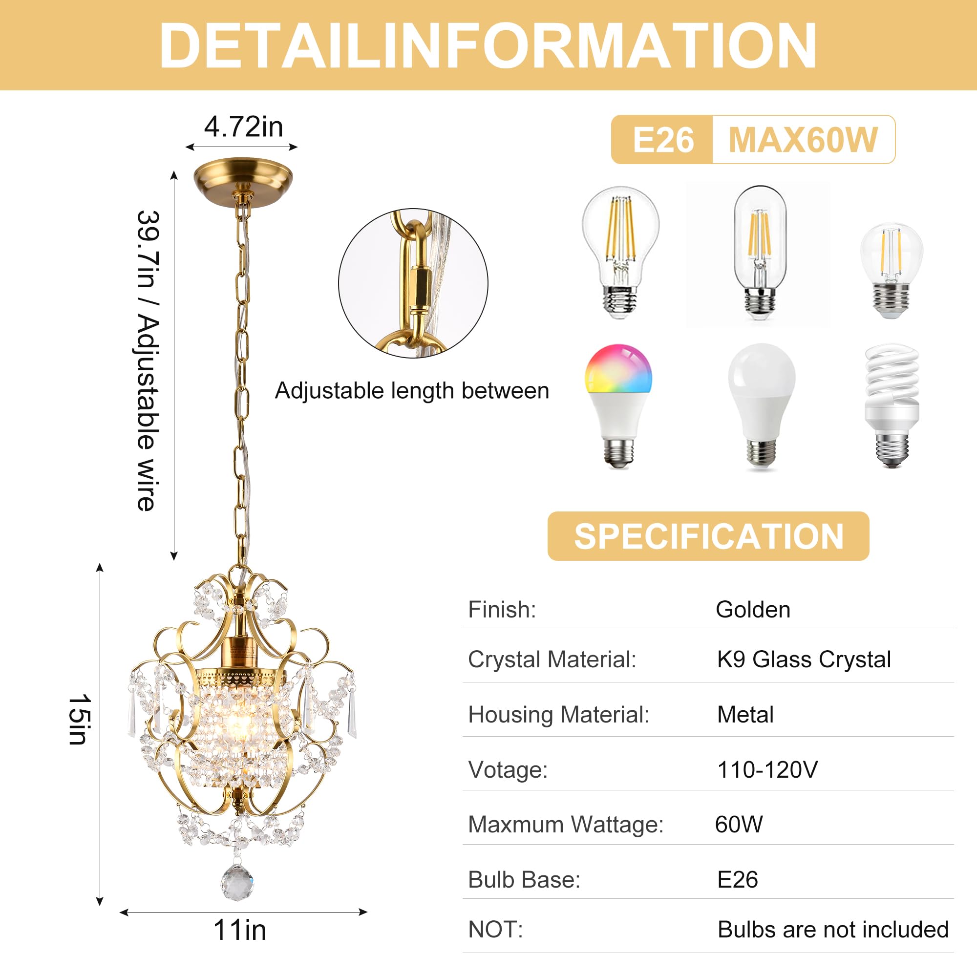 FLSFU Modern Gold Mini Chandelier, Crystal Pendant Light for Bedroom & Dining Room, Model 16011-GD