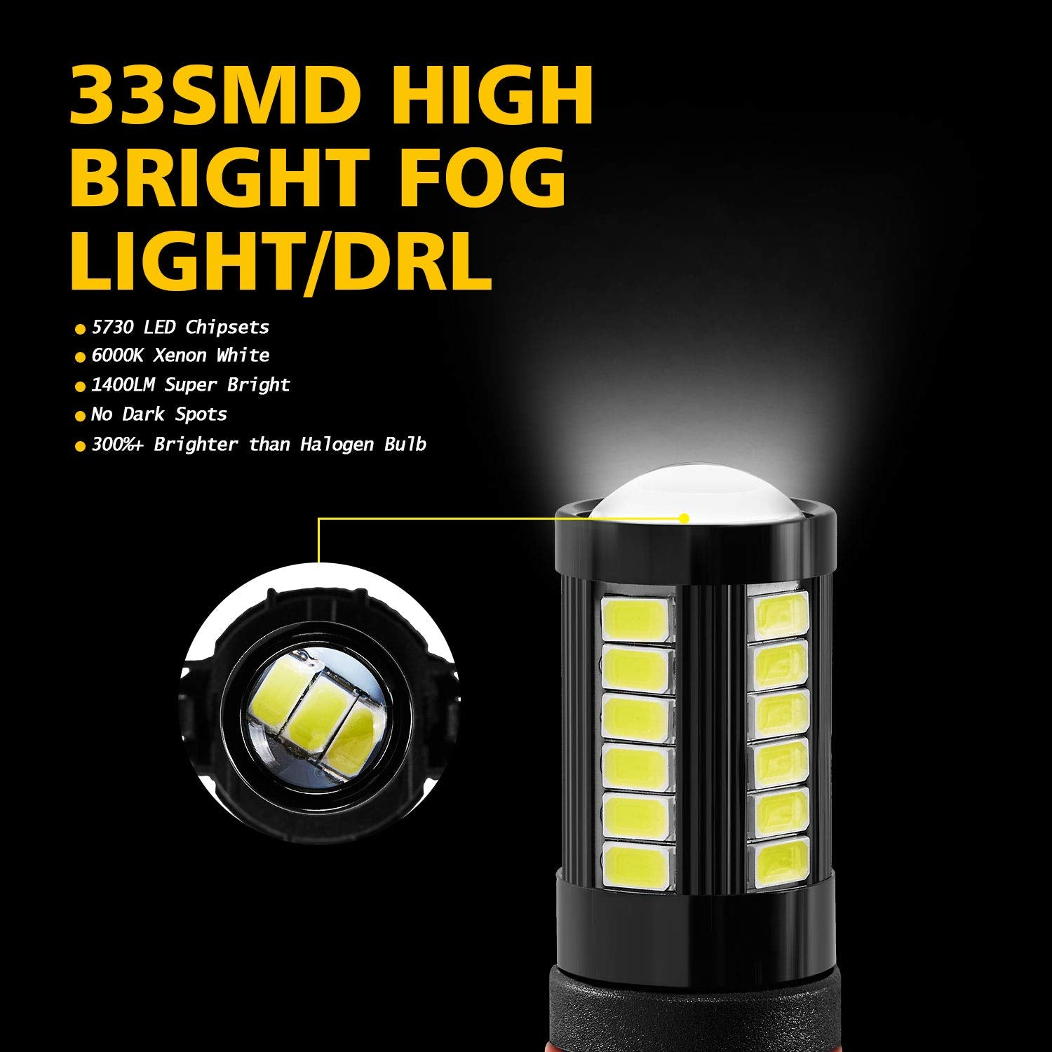 AUXLIGHT LED Fog Light Bulbs 6000K Xenon White 2800 Lumens 5202 Aluminum (Pack of 2)