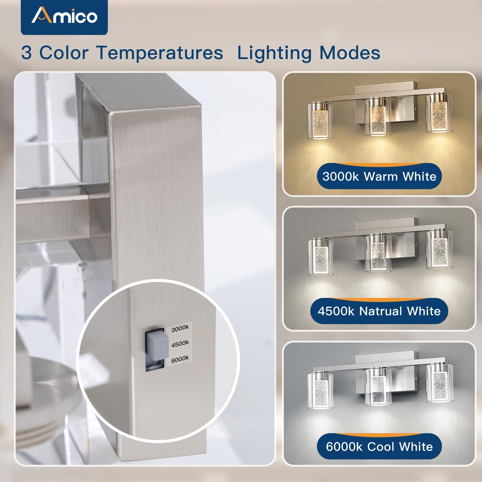 Amico Bathroom Vanity Lights, 3 Lights Brushed Nickel Bathroom Lighs With 3 Color Modes (3000K/4000K/6000K) Adjustable And Eye P